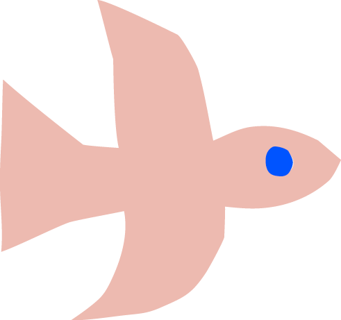 Ein einfache, illustrierte Taube mit rosa Körper, schwarzem Hintergrund und blauem Auge.