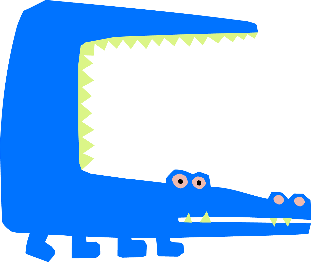 Ein kindliches, illustriertes Krokodil mit blauer Haut, großen Zähnen, kleinen Beinen und großen, runden Augen.