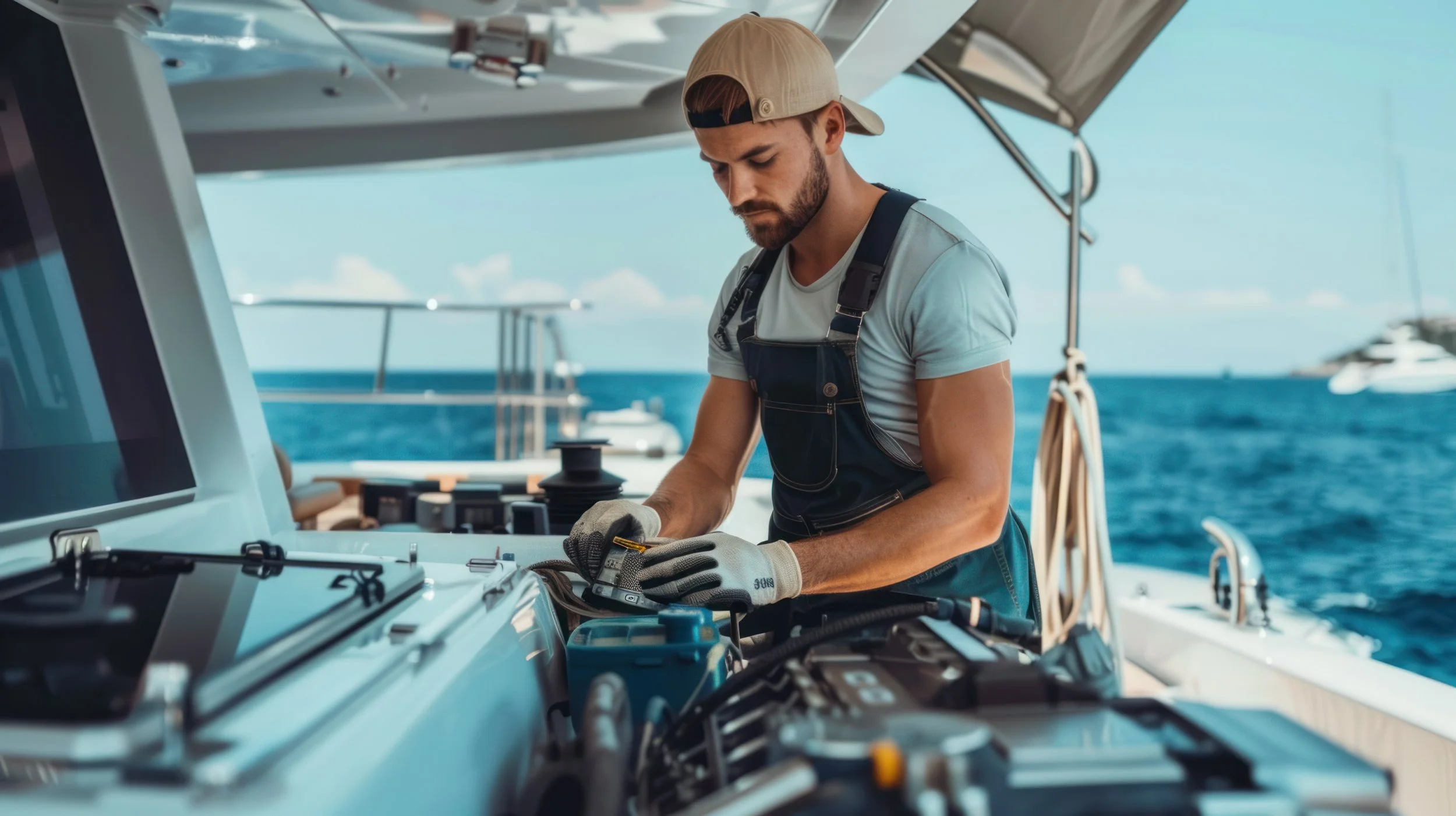 A man wearing a beige cap, grey gloves, and a black apron is working on a boat's engine while docked in the water. The background shows the ocean and other boats.