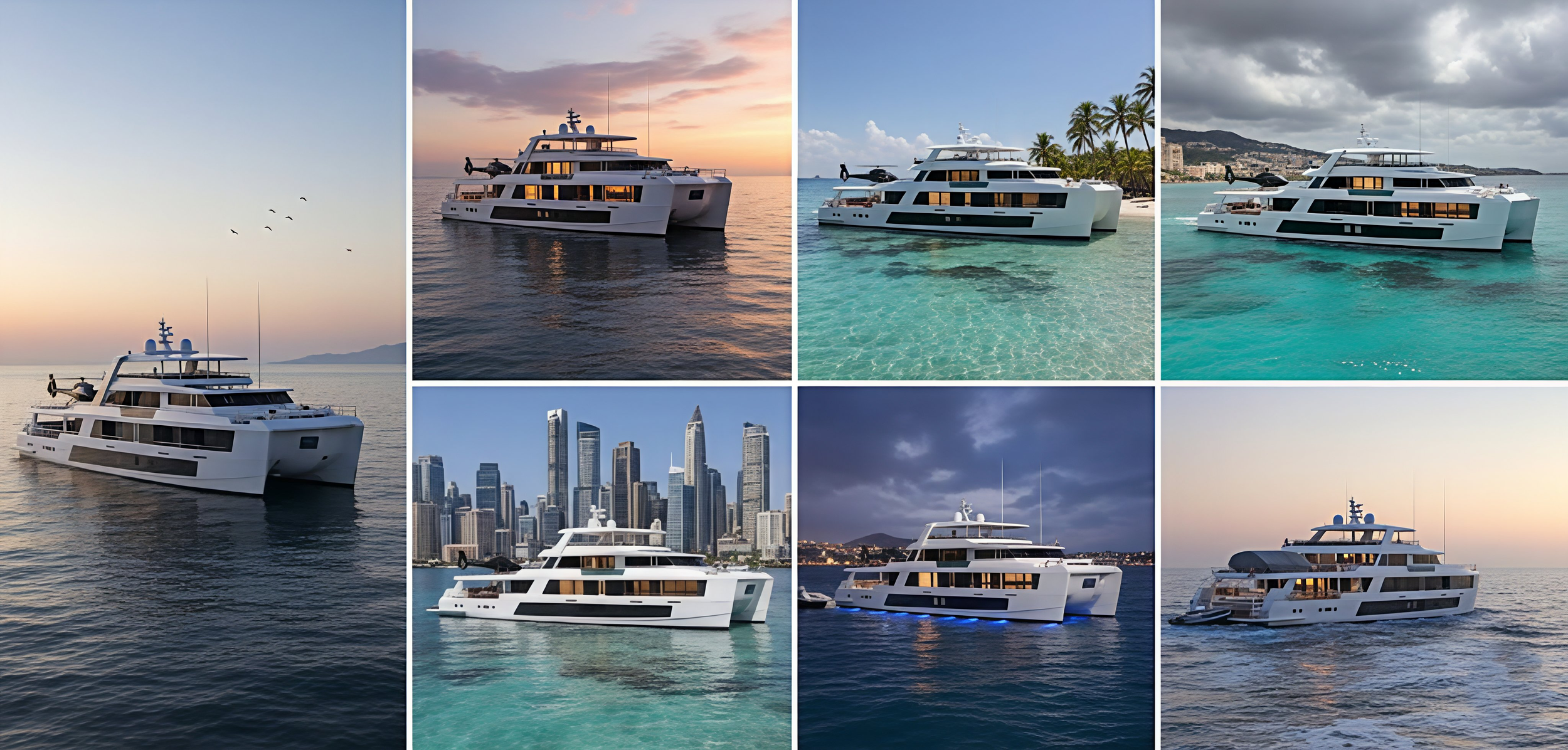Collection of eight images of a luxury yacht at different locations and times of day, including sunset, daytime, city skyline, and evening with lighting features.