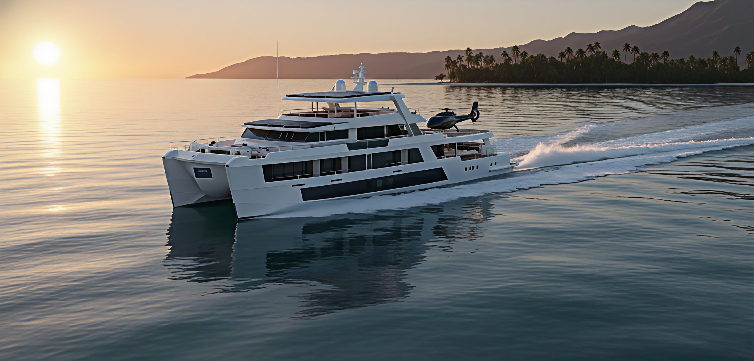 Yacht cruising on calm water during sunset, with a small island and mountains in the background.