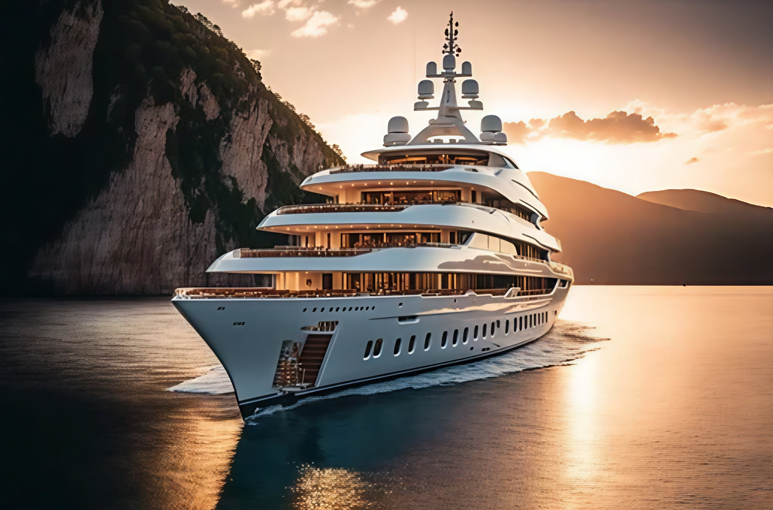 A luxury yacht sailing on calm waters during sunset with mountains and cliffs in the background.