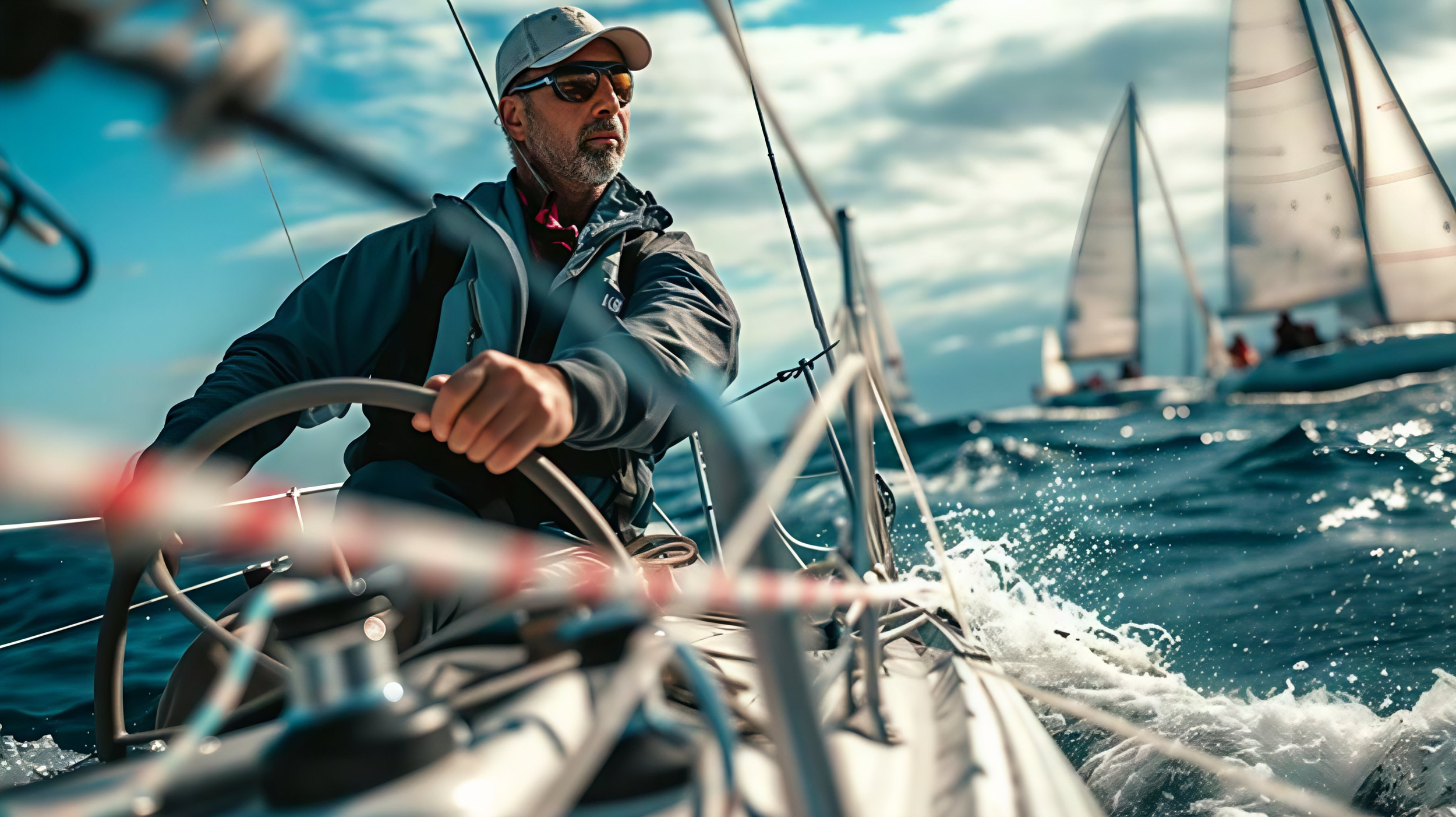 Man sailing a sailboat on open water with other sailboats in the background, wearing sunglasses, a cap, and a jacket.