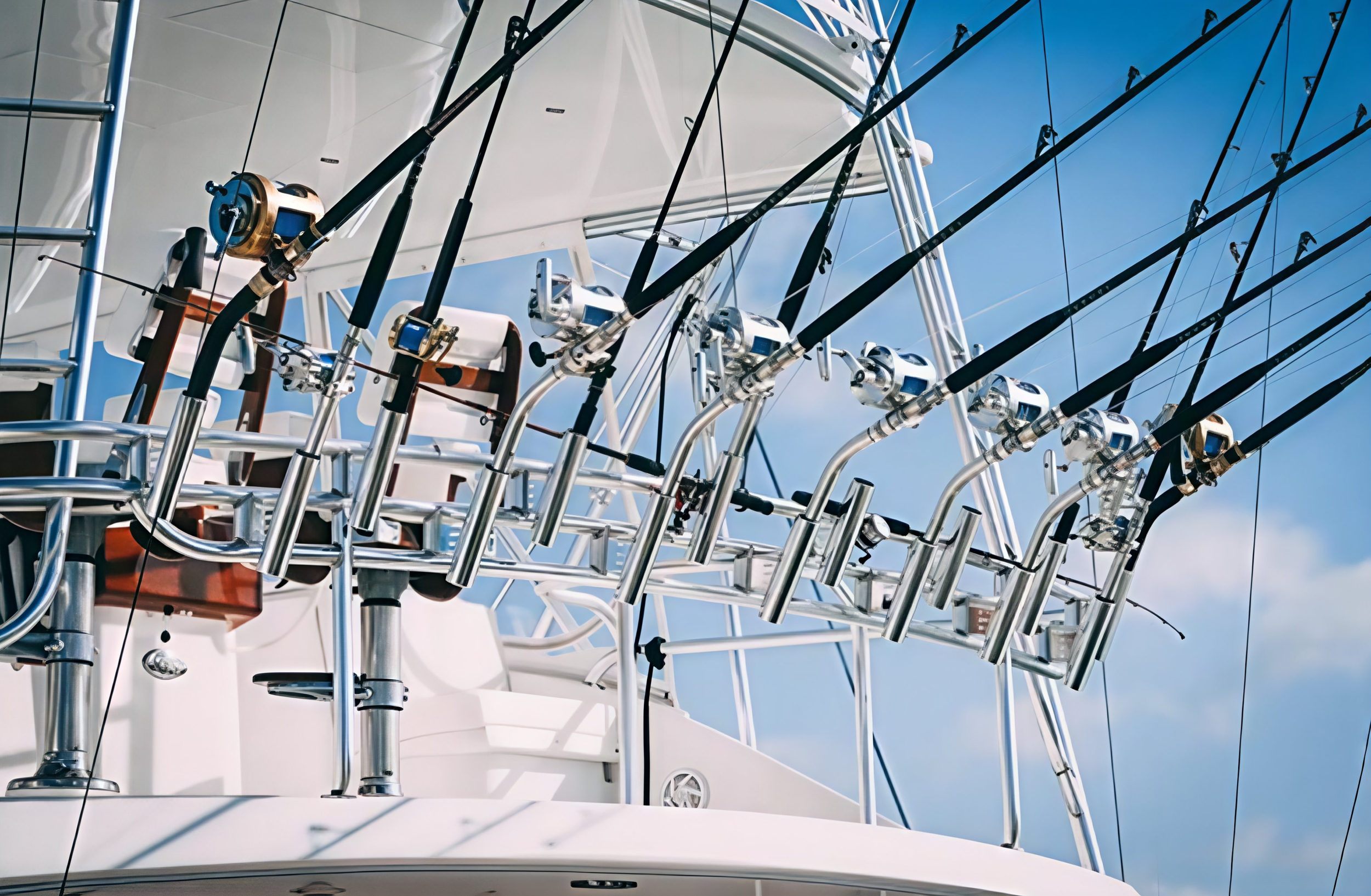 Close-up view of multiple fishing rods mounted on a boat, with a blue sky background.