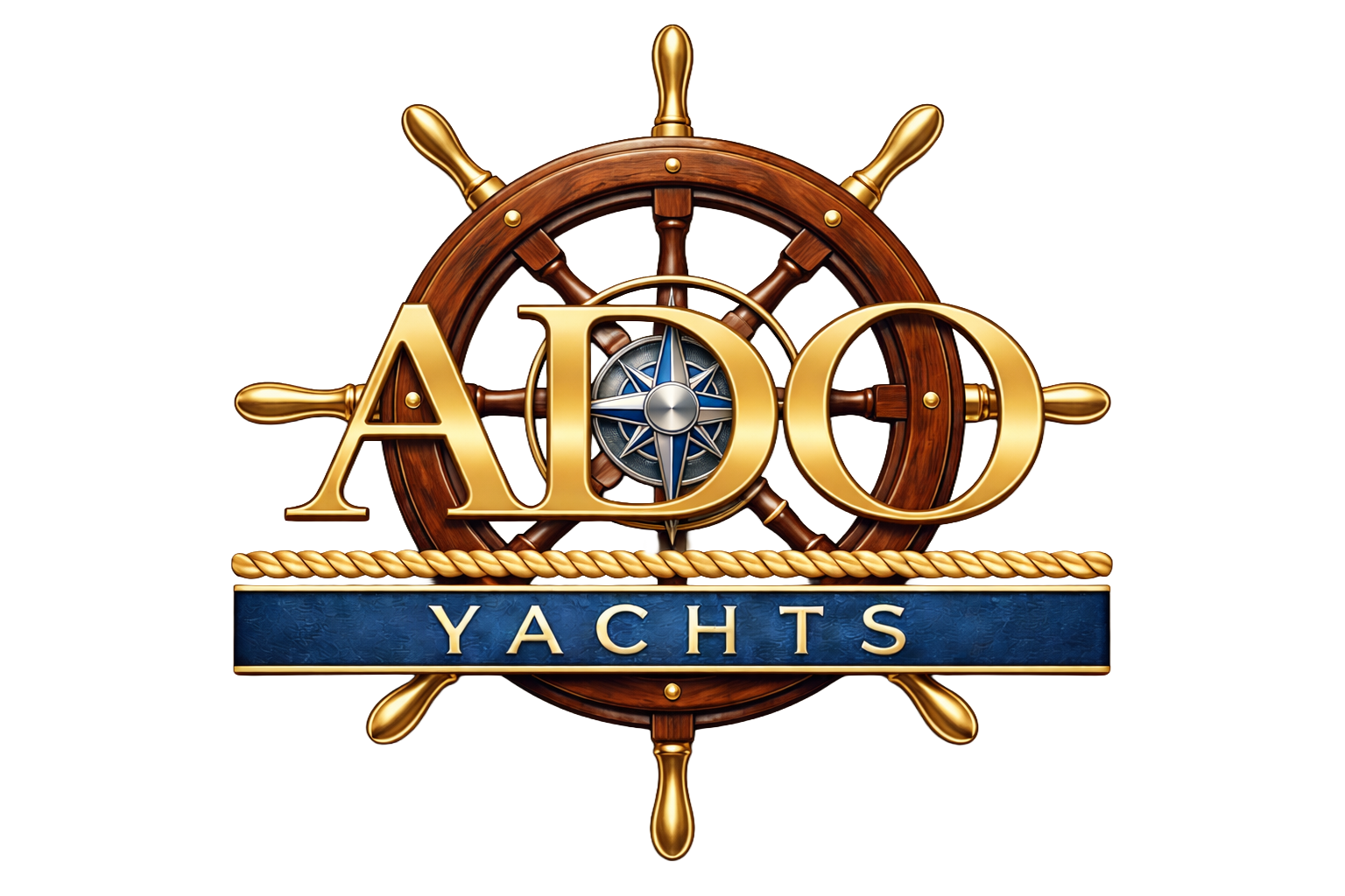 Logo for ADO Yachts featuring a ship wheel with gold accents, a blue banner with the word YACHTS, and nautical elements.