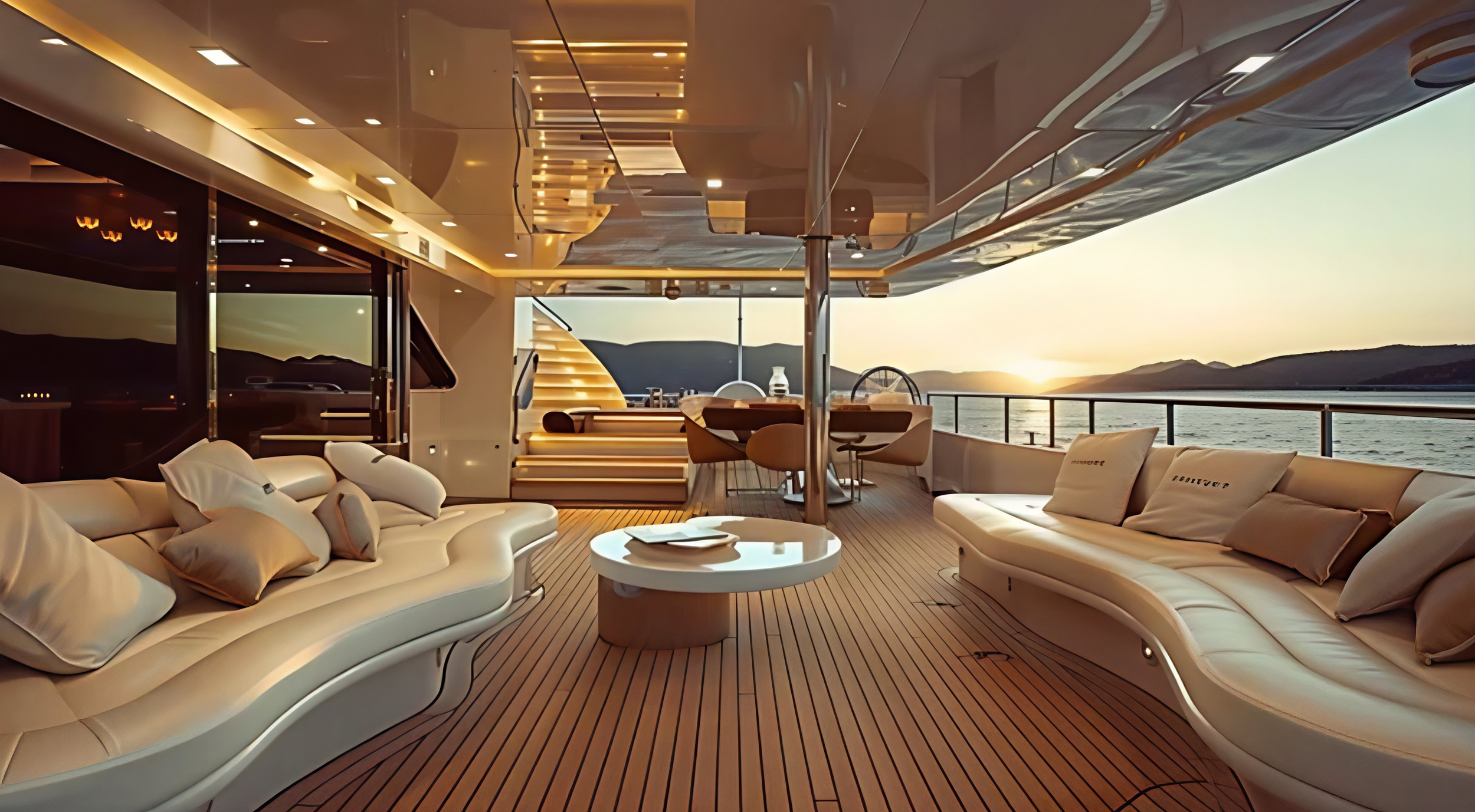 Luxury yacht deck with curved white seating, a round coffee table, and a dining area, overlooking the ocean at sunset.