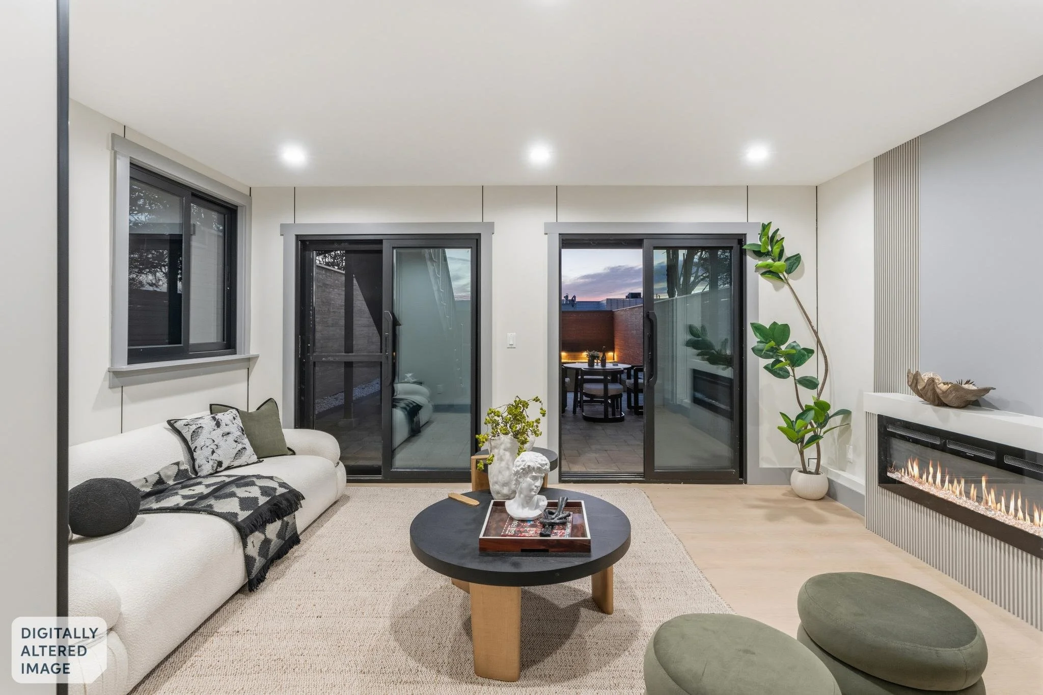 Living room with a white sofa decorated with pillows and a blanket, a black round coffee table with decorative items, two green ottomans, a fireplace, a potted plant, and large glass sliding doors leading to an outdoor patio with a dining table and c