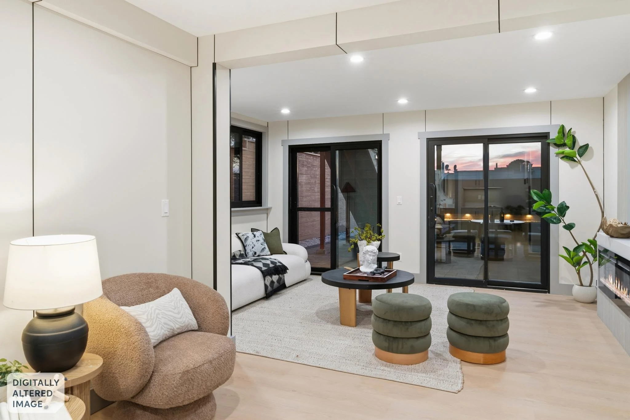 Modern living room with white walls, light wood flooring, and large black-framed sliding glass doors leading to a patio. Contains a beige bouclé armchair with a white pillow, a small round side table with a lamp, a white sofa with black and green cus