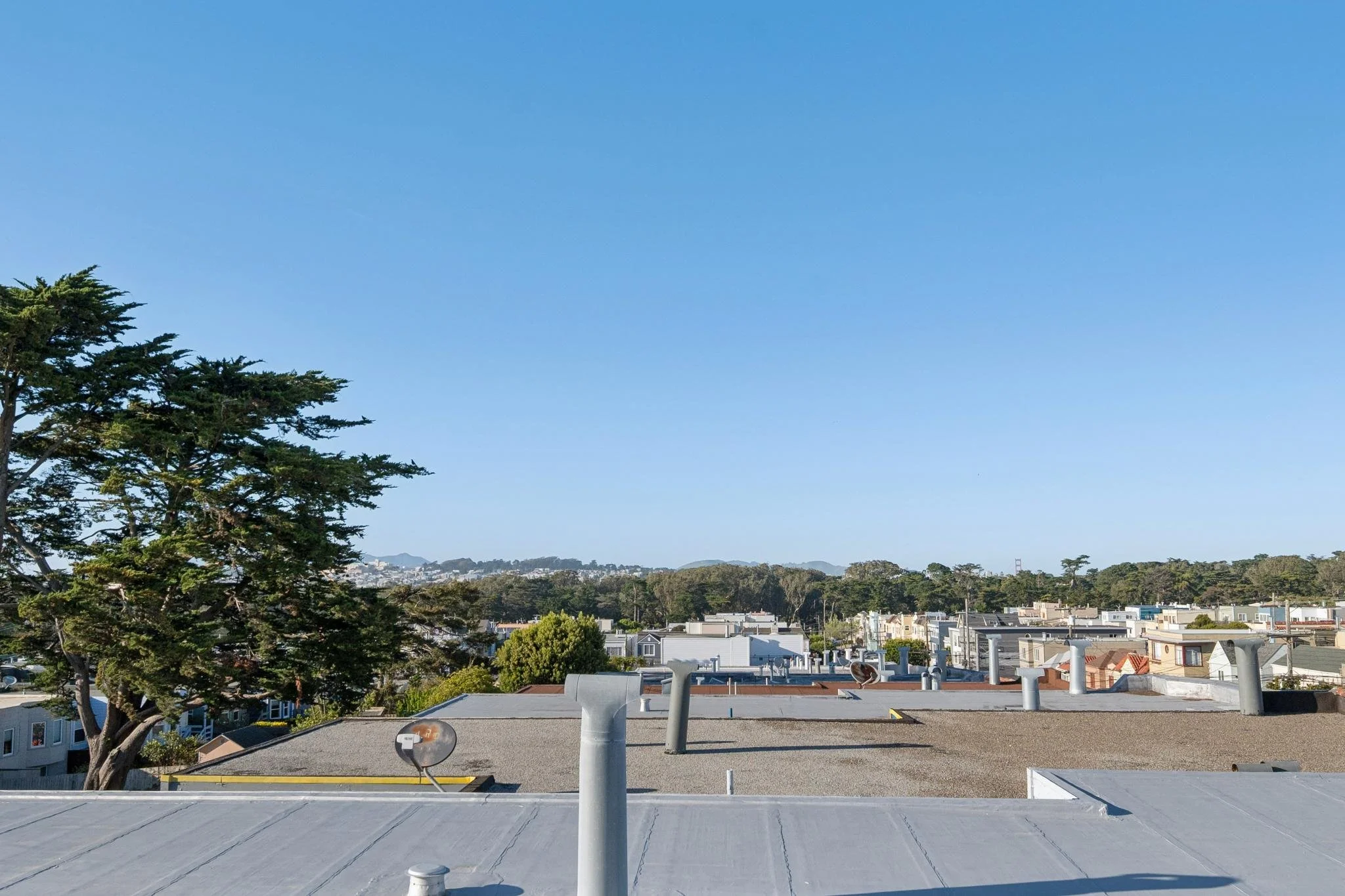 View of rooftops and cityscape with a large tree on the left, under a clear blue sky.