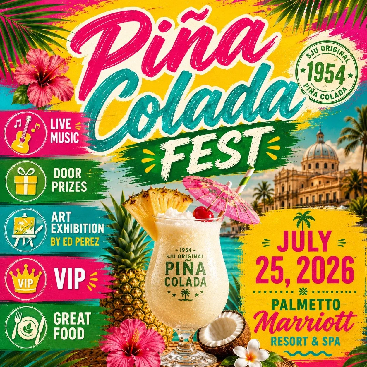 Paradise is calling. Pi&ntilde;a Colada Fest takes over the Palmetto Marriott Resort &amp; Spa on July 25, 2026. Your pool pass gets you a full day of live music, an art show, amazing food, food prizes, and access to the resort pool, all wrapped in t