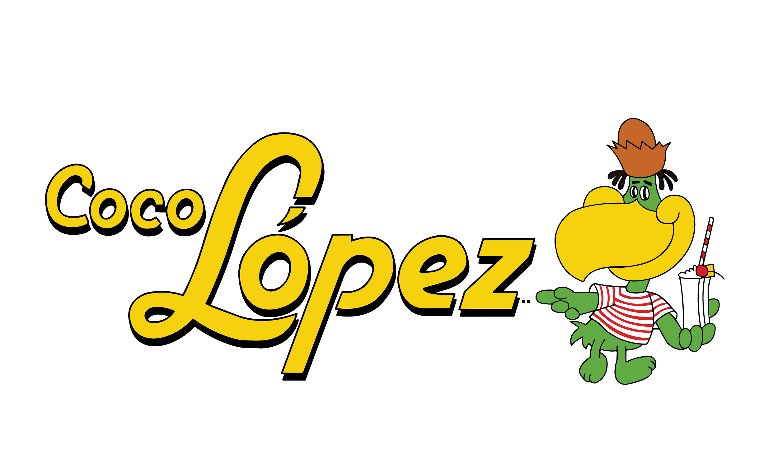 A cartoon character of a green dinosaur wearing a red and white striped shirt, holding a cup of soda with a straw, standing next to the text 'Coco Lopez' in yellow, stylized font.