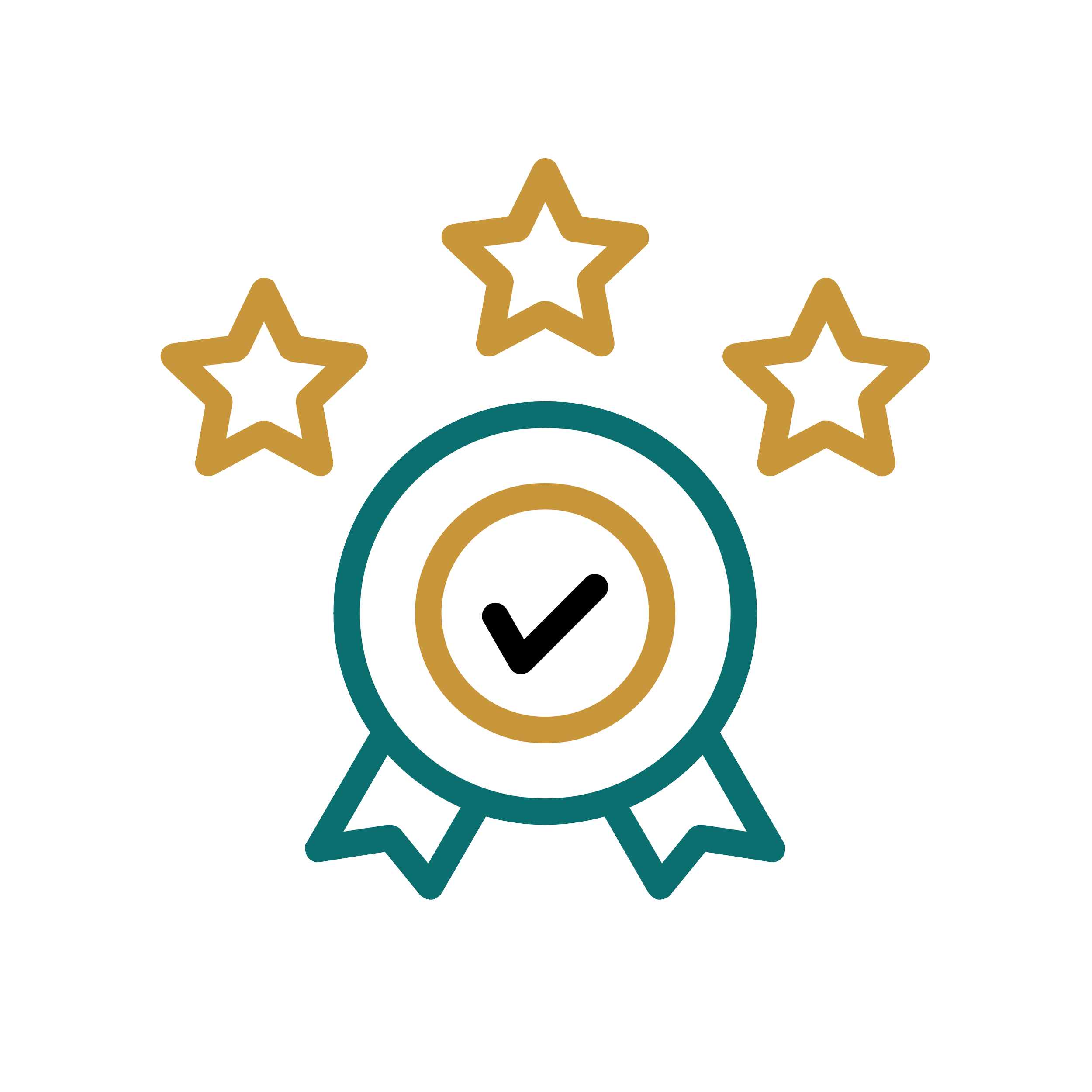 Graphic with a large checkmark inside a circle and three gold stars above it, indicating quality or achievement.