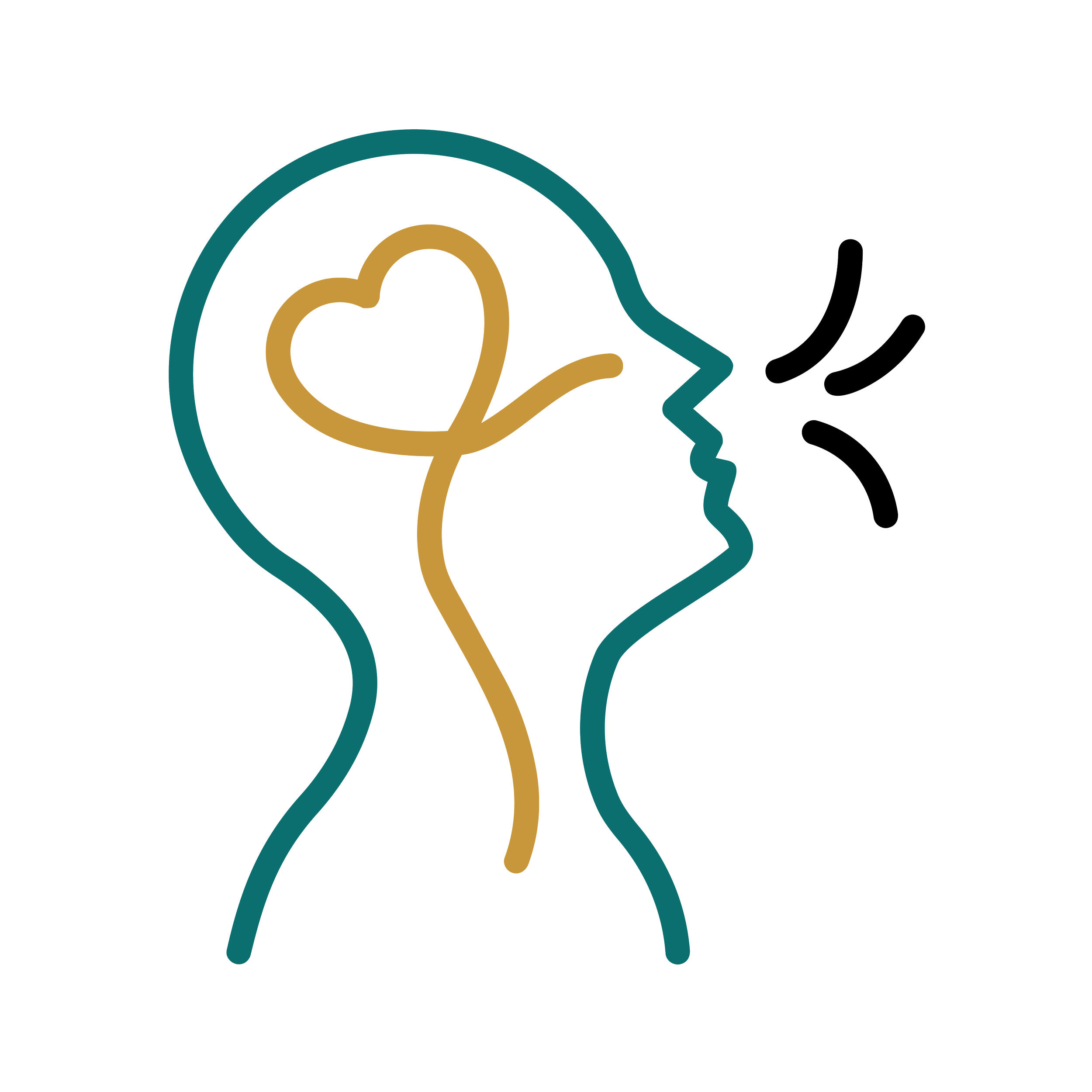 Abstract line drawing of a person blowing a bubble with a heart inside, using simple curved lines in teal, gold, and black.