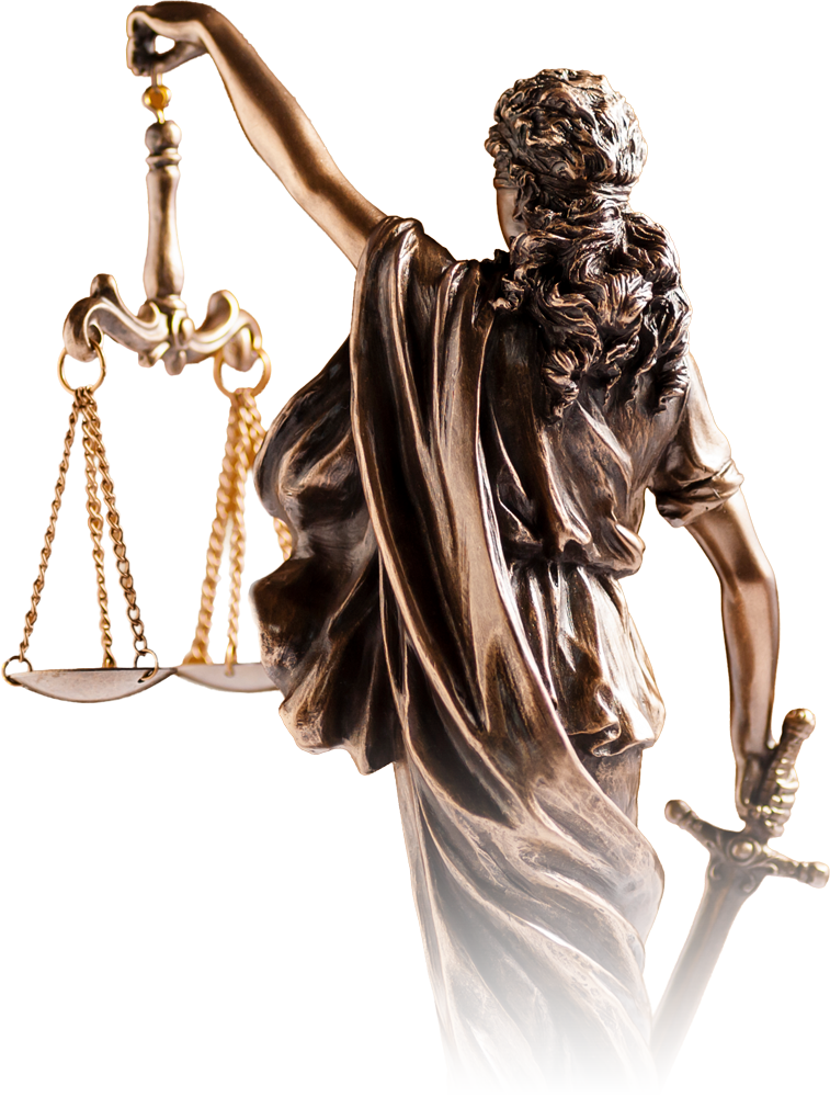 Bronze statue of Lady Justice holding a sword in one hand and scales in the other.