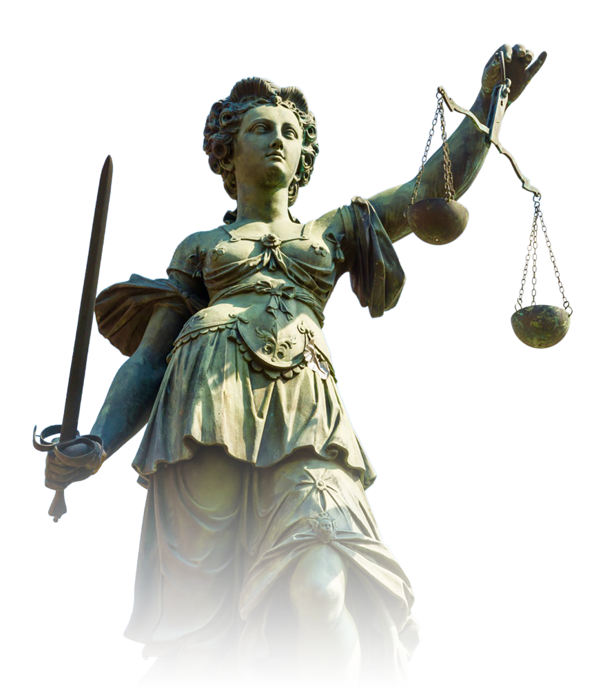 A bronze statue of Lady Justice holding a sword in her right hand and scales in her left hand, set against a blue sky with clouds.