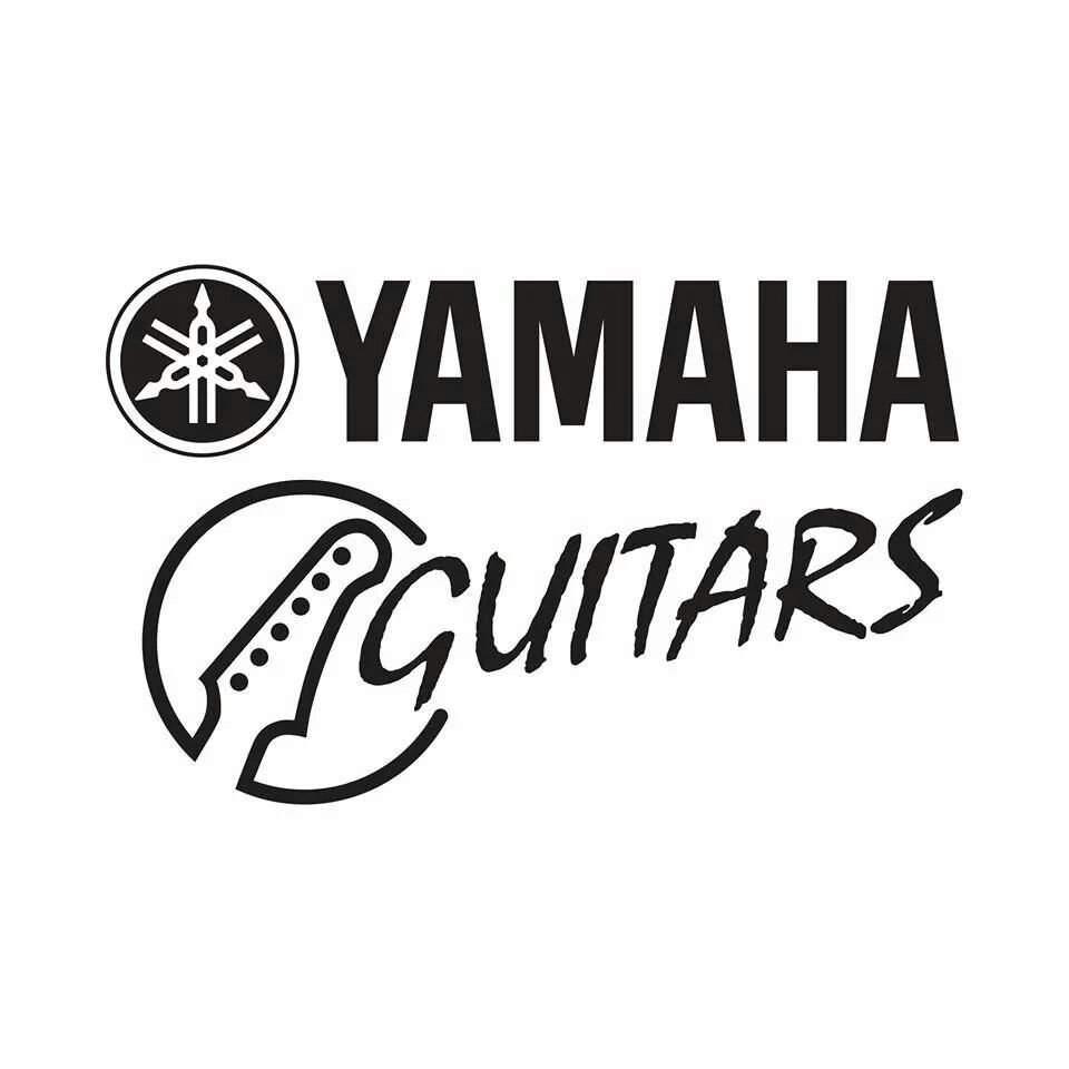 Yamaha Guitars logo with Yamaha emblem and stylized guitar illustration in black and white.