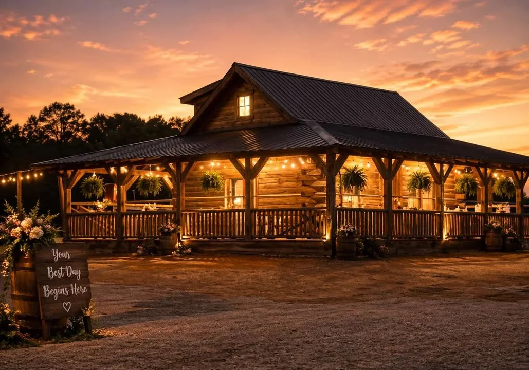 A rustic wooden barn decorated with hanging plants and string lights at sunset.