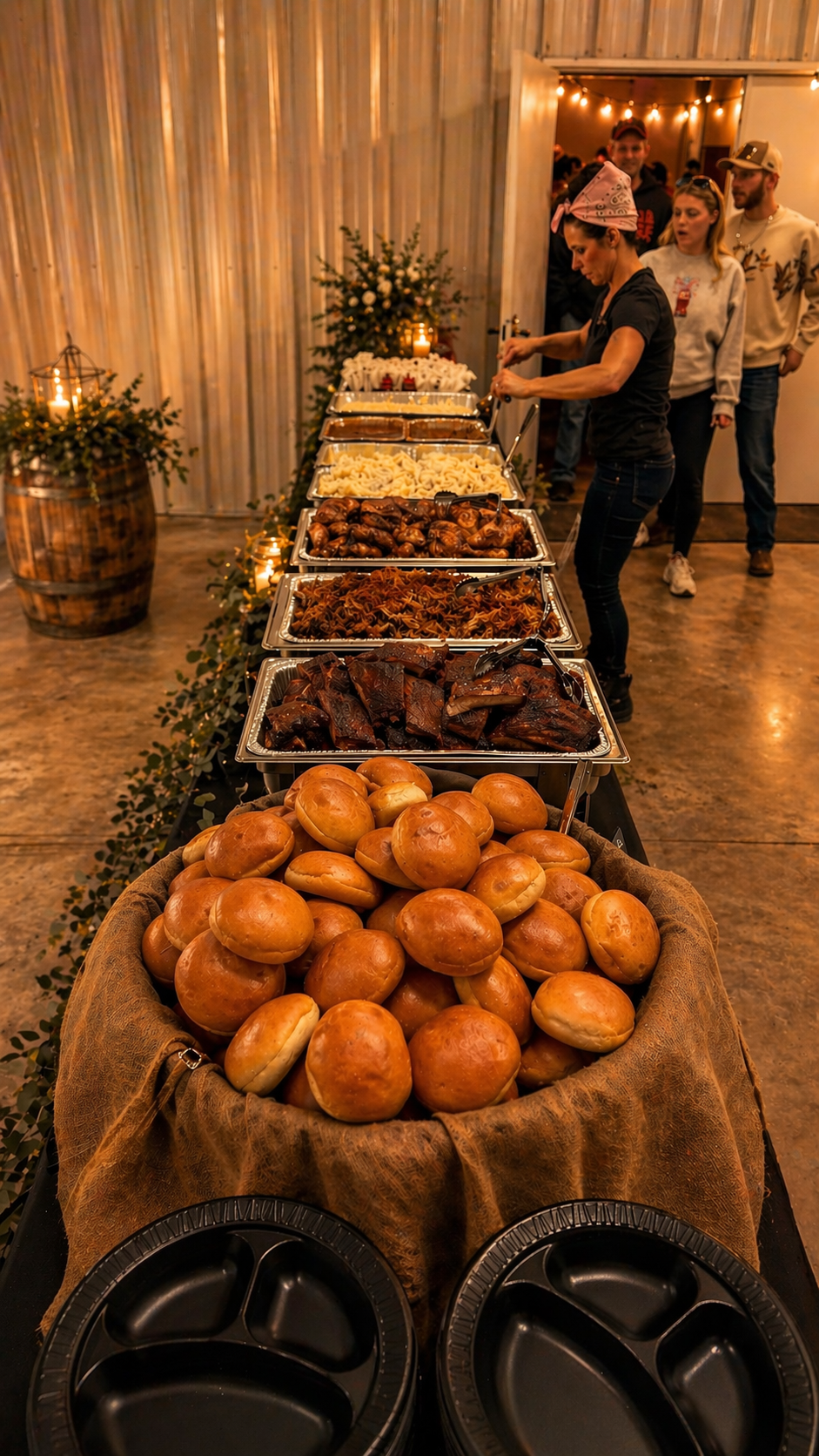 Buffet table with rolls, cooked meats, pasta, and side dishes in a rustic setting with warm lighting and people serving themselves.