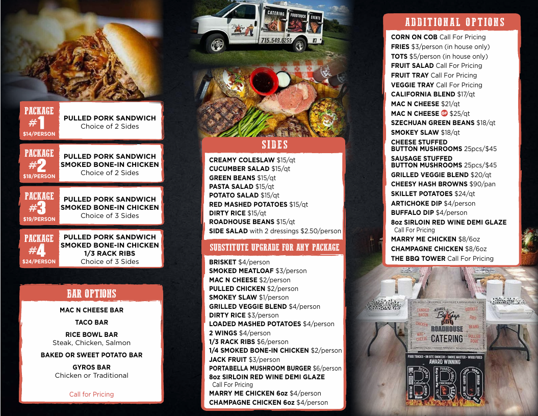 Food menu featuring pulled pork sandwiches, sides like creamy coleslaw and mac n cheese, additional options like corn on cob and fruit salad, and bar options such as mac n cheese bar and gyro bar, alongside a food truck with catering service on a grassy area.