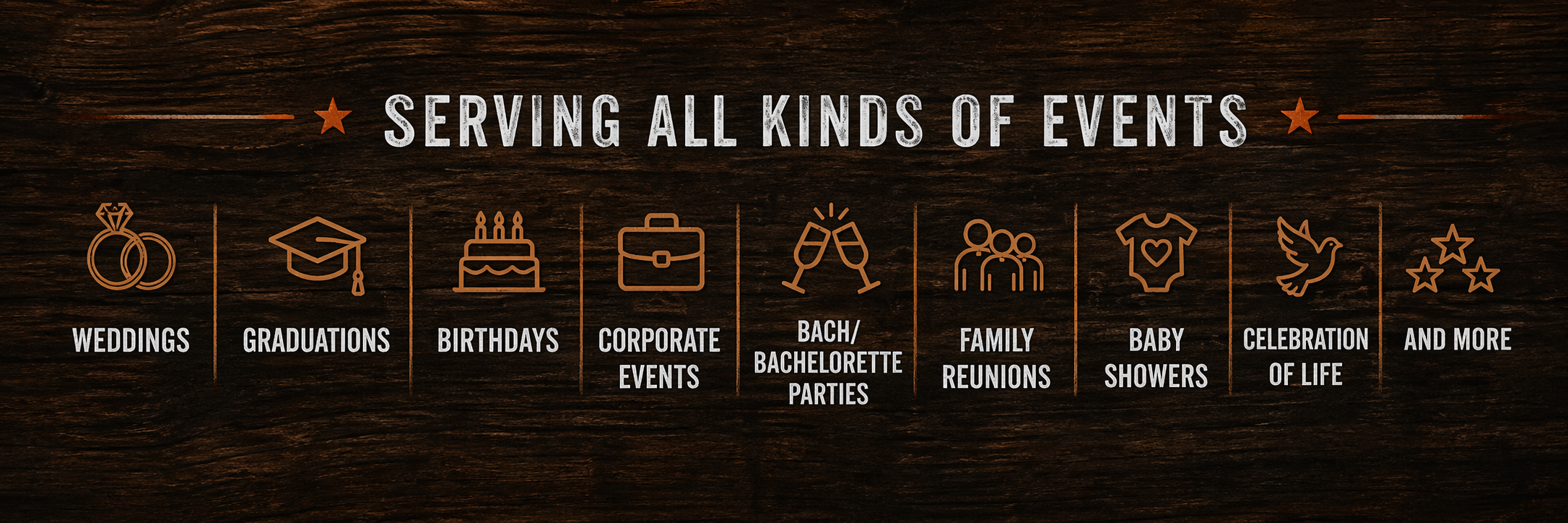 Sign showcasing services for events including weddings, graduations, birthdays, corporate events, Bach/Bachelorette parties, family reunions, baby showers, celebration of life, and more.