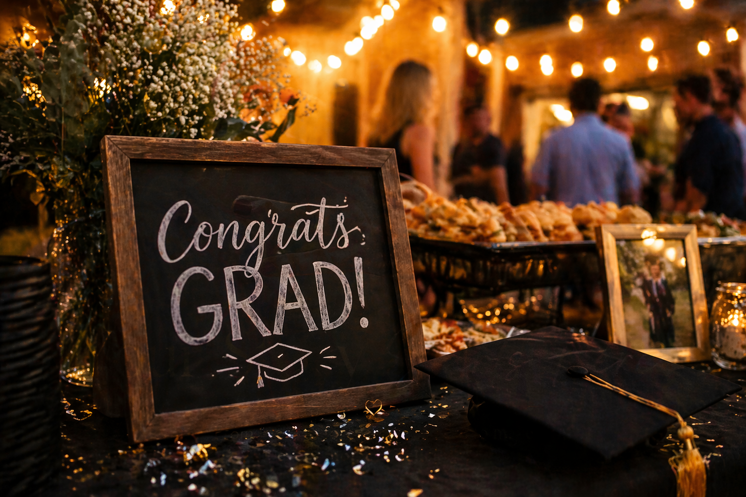 A graduation celebration with a chalkboard sign that says, 'Congrats Grad!' on a decorated table with snacks, a framed graduation photo, and a black graduation cap with a gold tassel, under string lights.
