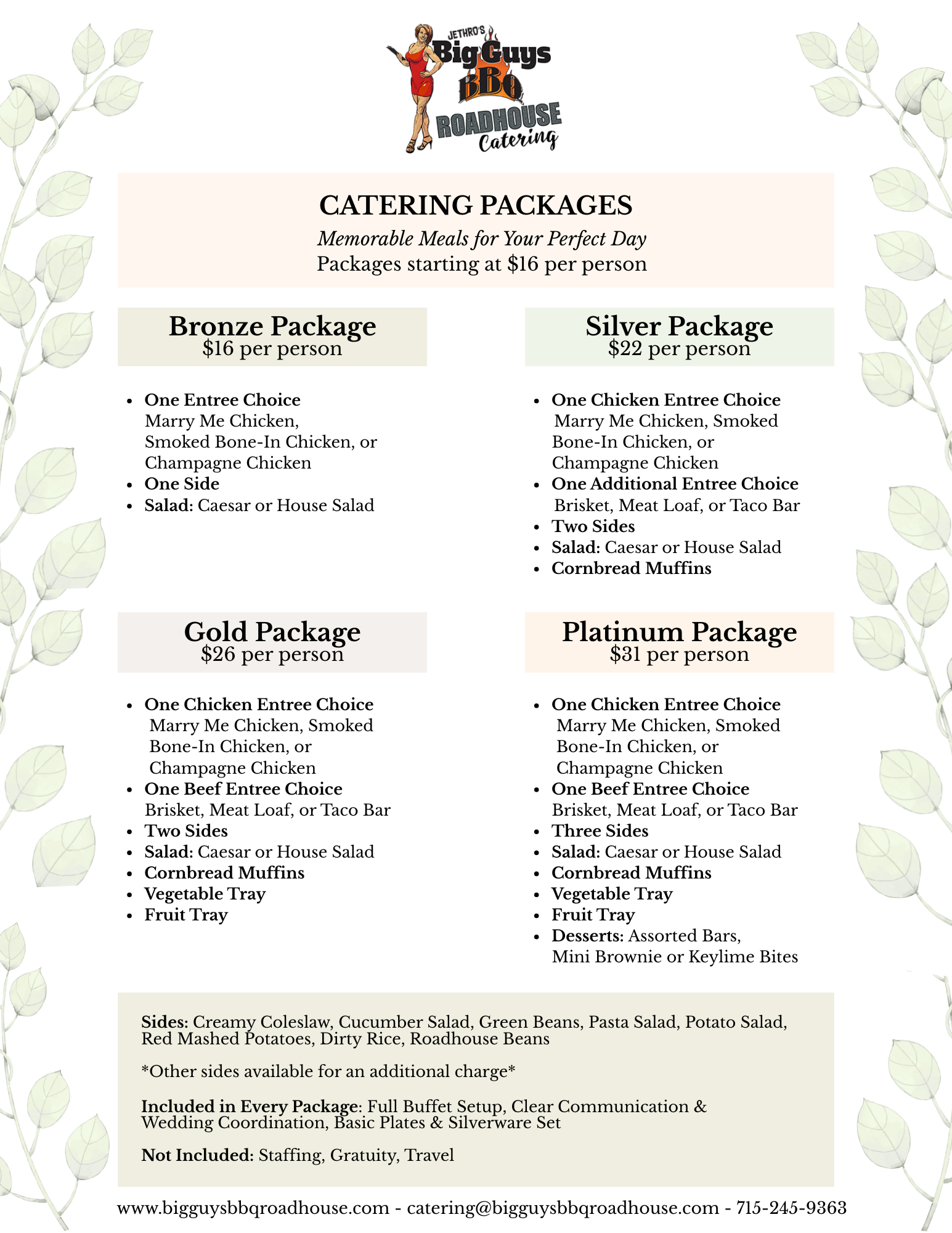 Menu for Jethro's Big Guys BBQ Roadhouse Catering, featuring various catering packages including Bronze, Silver, Gold, and Platinum, with details on meal options, sides, desserts, and pricing.