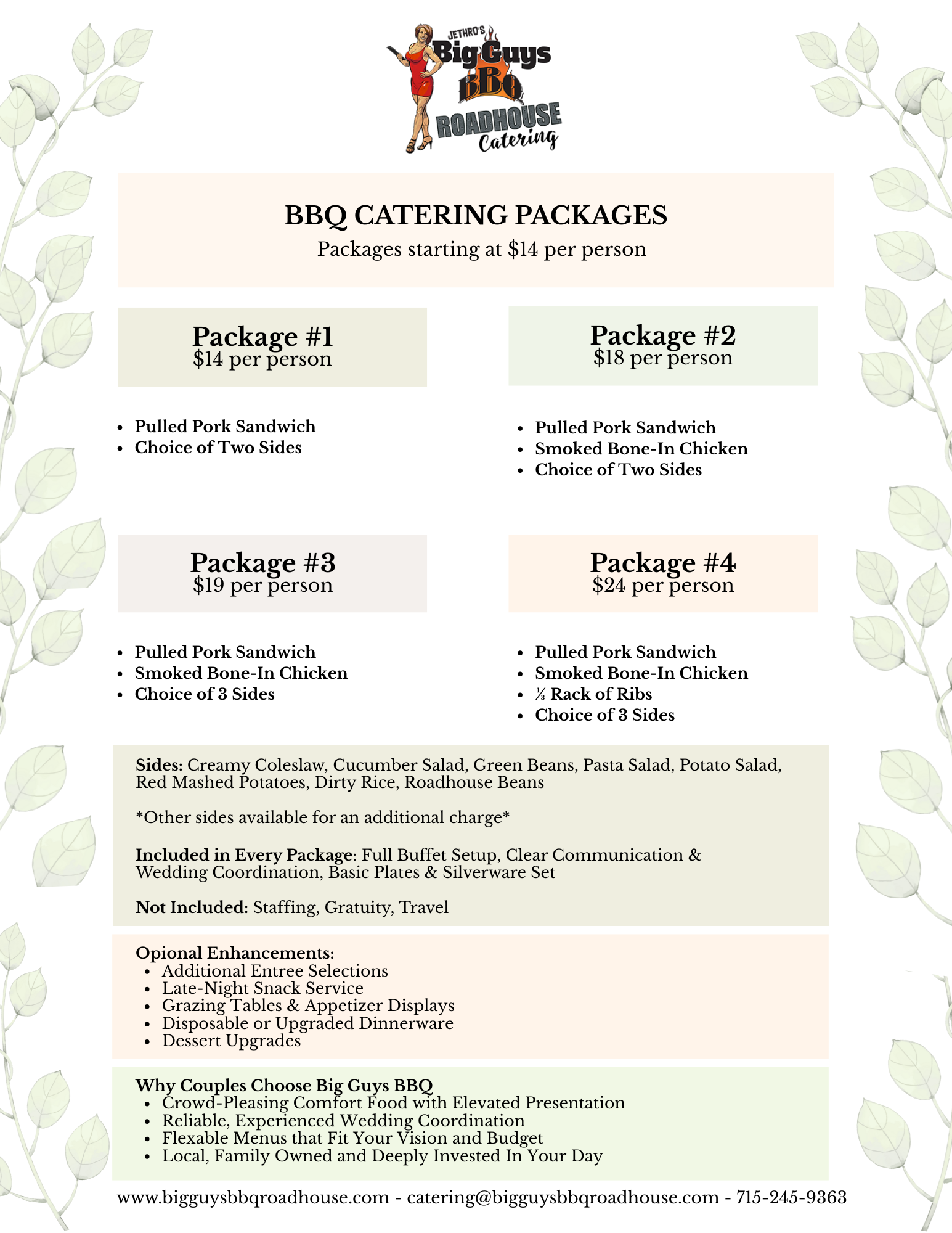 A food catering menu for Big Guys BBQ Roadhouse, featuring various BBQ packages with details and prices, surrounded by a decorative leafy border.