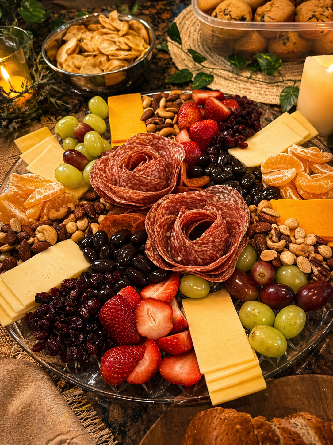 Charcuterie board with assorted cheeses, grapes, strawberries, sliced oranges, cranberries, nuts, and cured meats, with candles and cookies in the background.