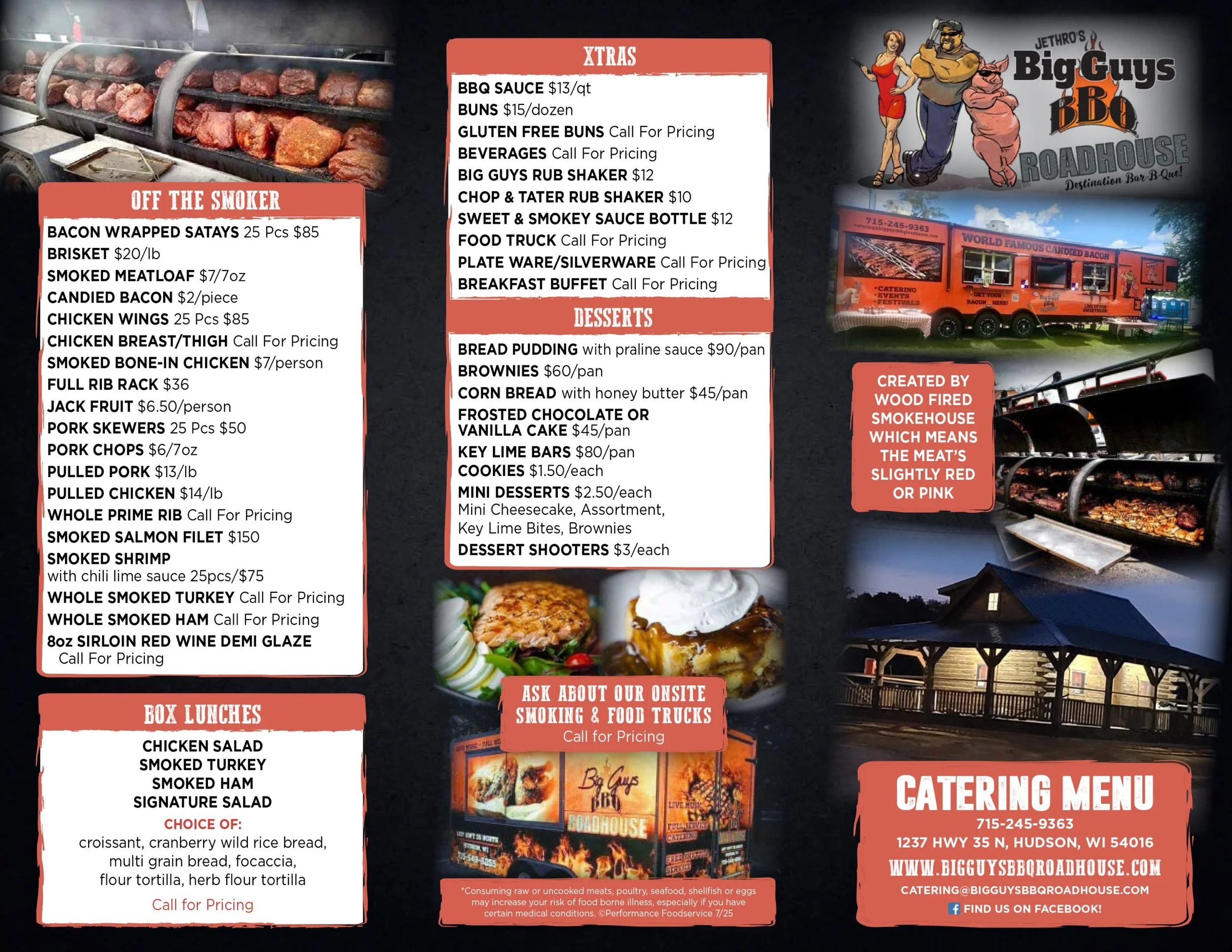 Menu for Big Guys BBQ Roadhouse featuring various barbecue meats, wings, and desserts, along with photos of a food truck and a catering truck, and contact information.