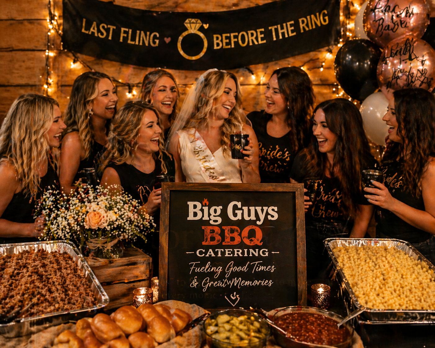Women celebrating a bachelorette party with food, drinks, and decorations, including a banner that says "Last Fling Before the Ring" and balloons, at a BBQ caterer event.
