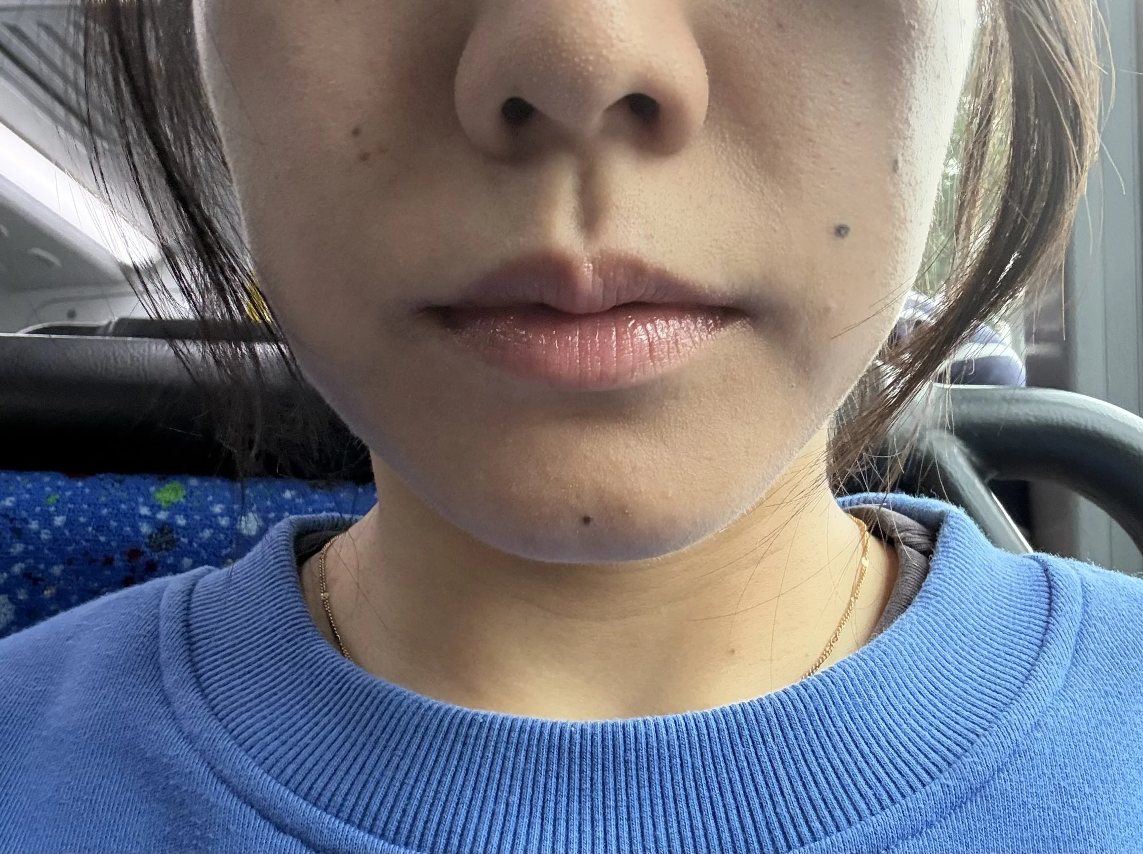 Close-up of a woman's lower face, focusing on her lips, with shoulder-length hair and wearing a blue shirt.