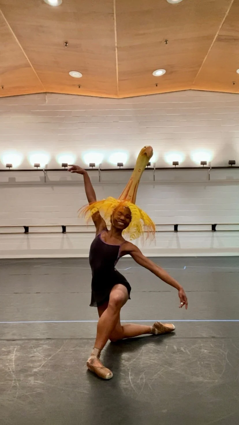 A ballet dancer is performing in a dance studio, wearing a black dress and tan ballet shoes. She has yellow feathers on her head resembling a bird's head, with a long neck extending upwards. The dancer is kneeling on one knee with arms extended gracefully.