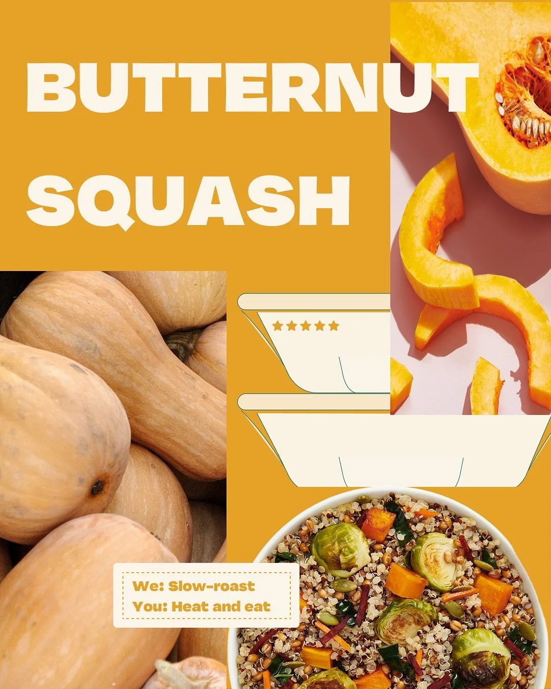 A recipe card for butternut squash featuring images of butternut squash, sliced butternut squash, a bowl of cooked quinoa with roasted vegetables, and a halved butternut squash. The card includes text that says, "We: Slow-roast" and "You: Heat and eat."