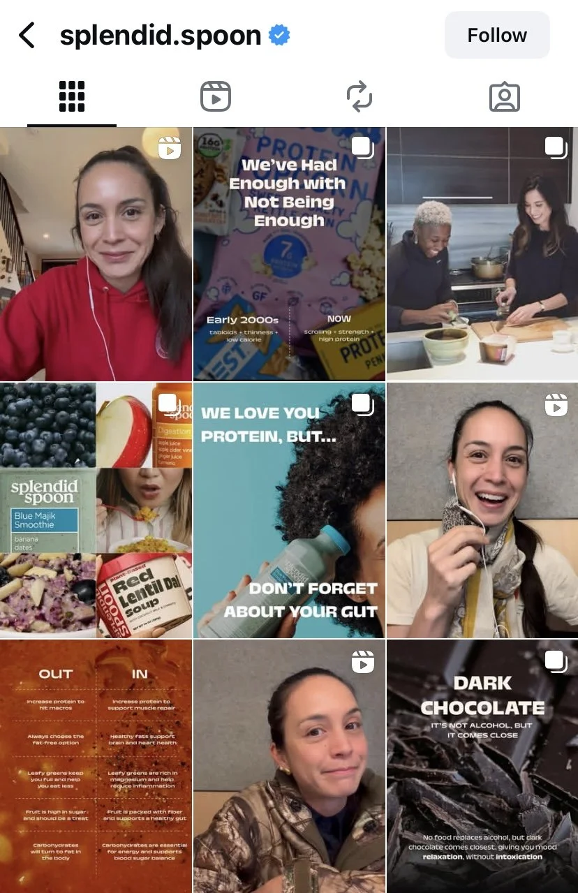 Instagram profile grid of a woman with three other women, showing various images related to protein and healthy eating, including food, quotes, and activities