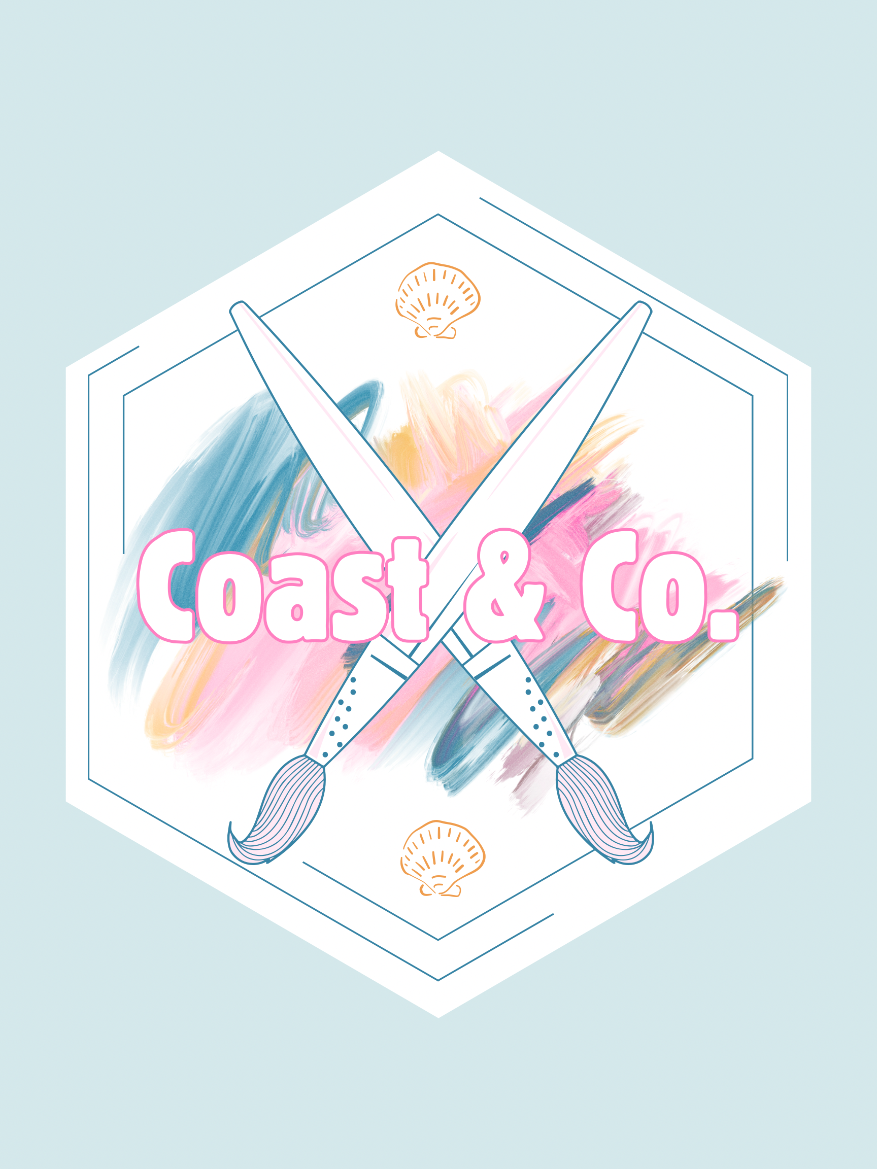 Illustration of a Shell gas station sign with colorful brush strokes in background and A-Frame guitars crossed beneath it, with the text 'Coast & Co.' in pink.