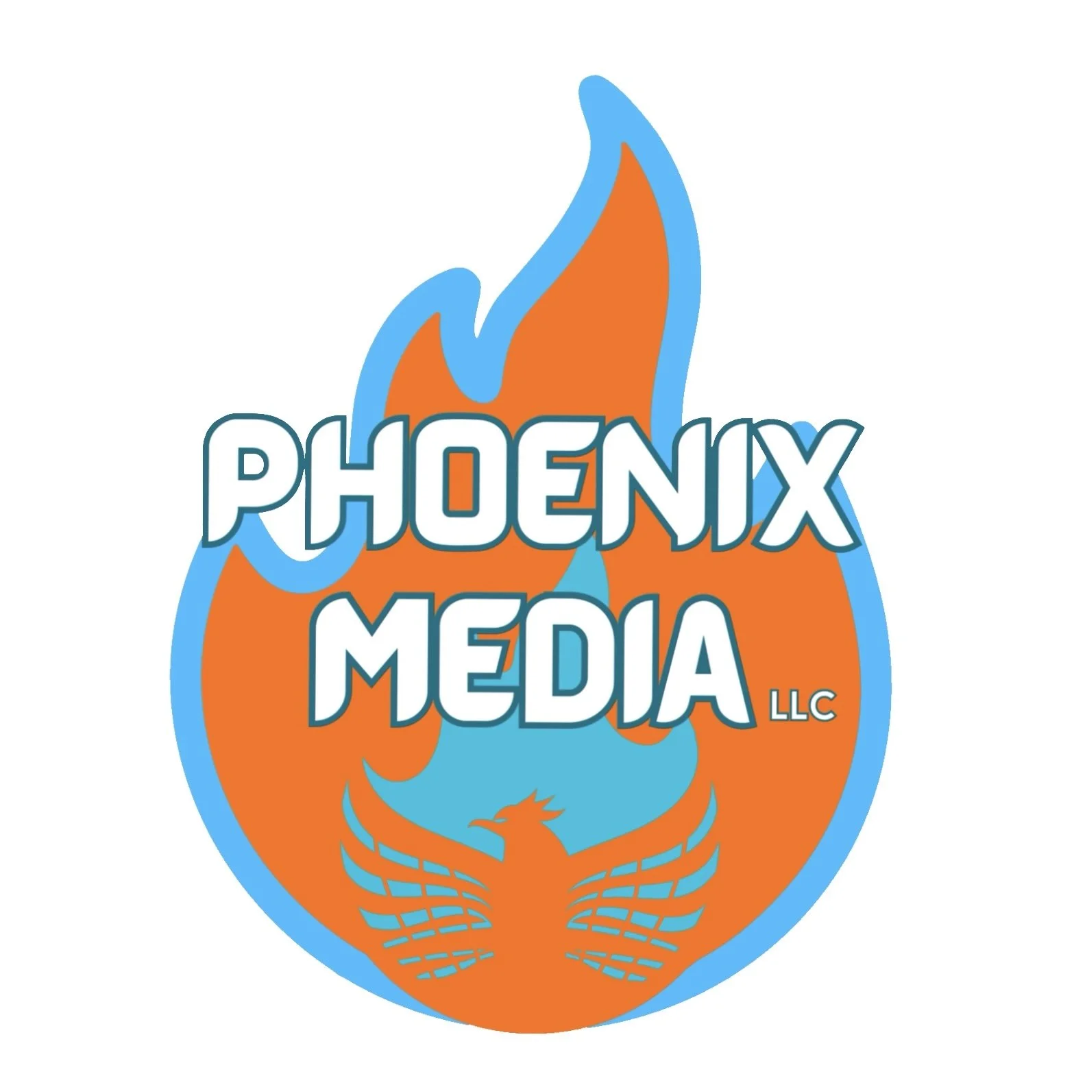 Logo for Phoenix Media LLC classic orange and blue flaming phoenix emblem.