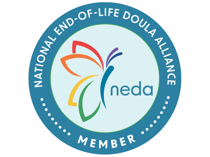A circular logo for the National End-of-Life Doula Alliance (Neda) featuring a multicolored butterfly and text indicating membership.
