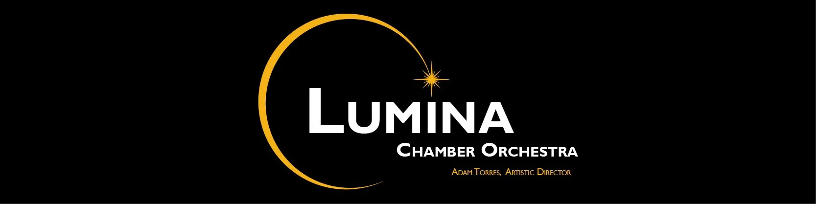 Logo for Lumina Chamber Orchestra with a crescent moon and star, and text displaying the orchestra's name and artistic director.