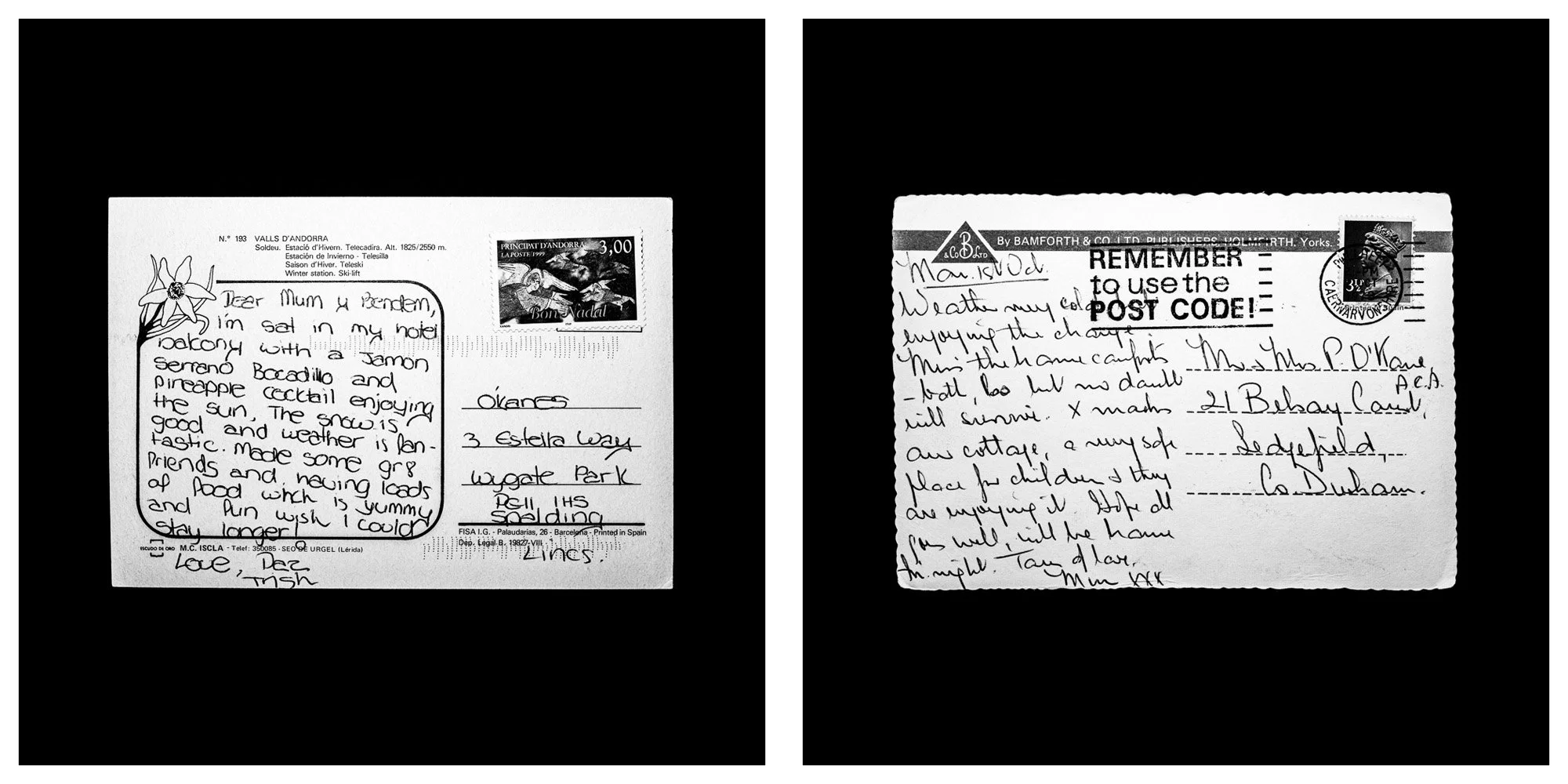 A forensic photographic capture displaying the reverse sides of two historical postcards positioned side-by-side against an absolute black space. Part of a systematic cataloging protocol, the image isolates the artifacts to treat handwriting, postal 