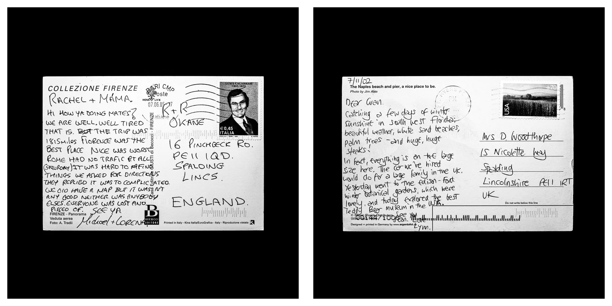 A forensic photographic capture displaying the reverse sides of two historical postcards positioned side-by-side against an absolute black space. Part of a systematic cataloging protocol, the image isolates the artifacts to treat handwriting, postal 