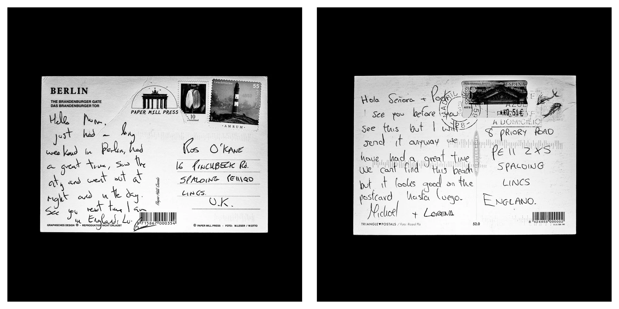 A forensic photographic capture displaying the reverse sides of two historical postcards positioned side-by-side against an absolute black space. Part of a systematic cataloging protocol, the image isolates the artifacts to treat handwriting, postal 