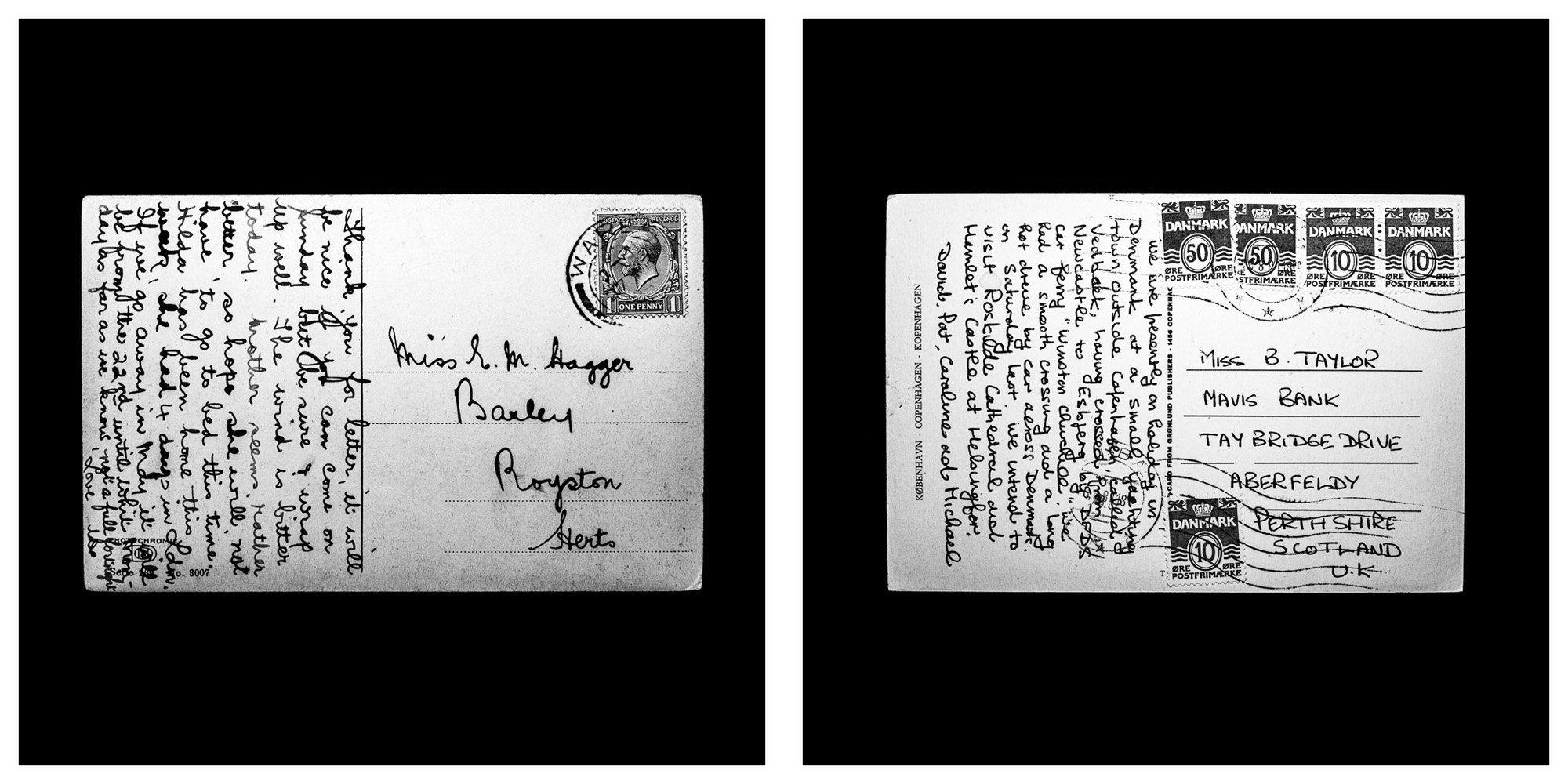 A forensic photographic capture displaying the reverse sides of two historical postcards positioned side-by-side against an absolute black space. Part of a systematic cataloging protocol, the image isolates the artifacts to treat handwriting, postal 
