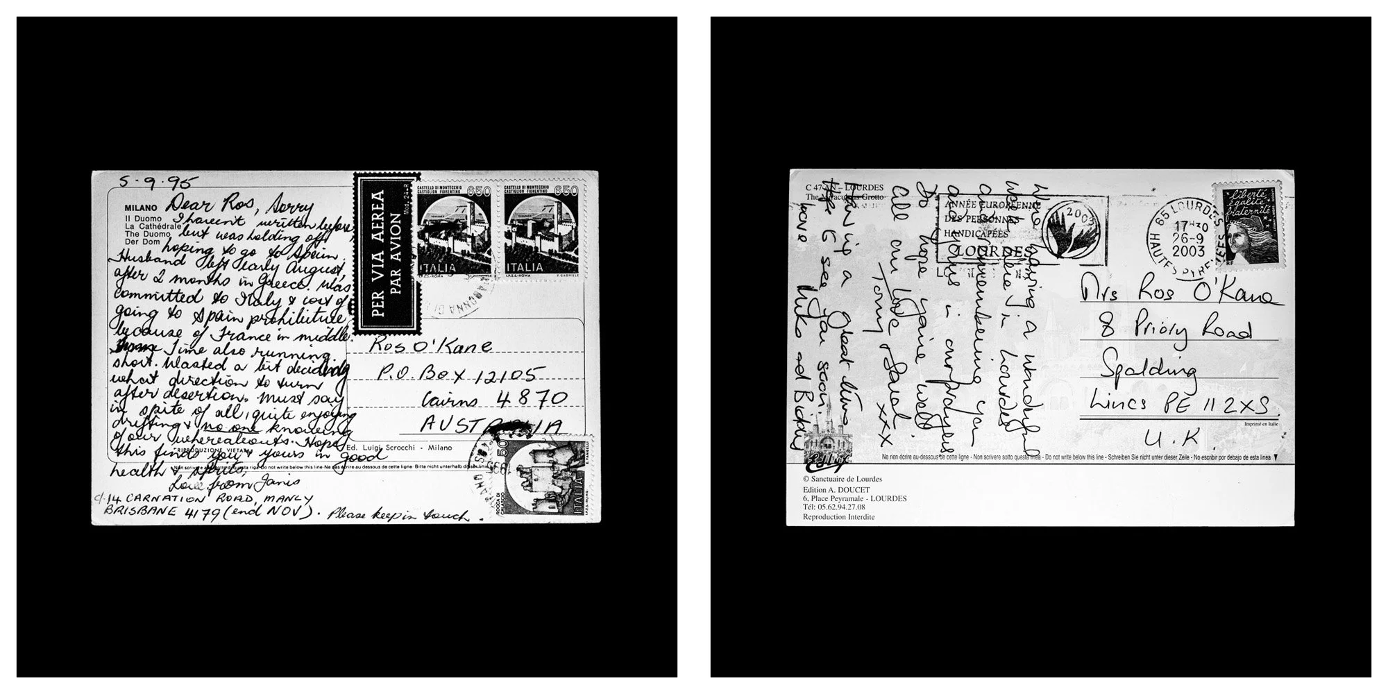 A forensic photographic capture displaying the reverse sides of two historical postcards positioned side-by-side against an absolute black space. Part of a systematic cataloging protocol, the image isolates the artifacts to treat handwriting, postal 