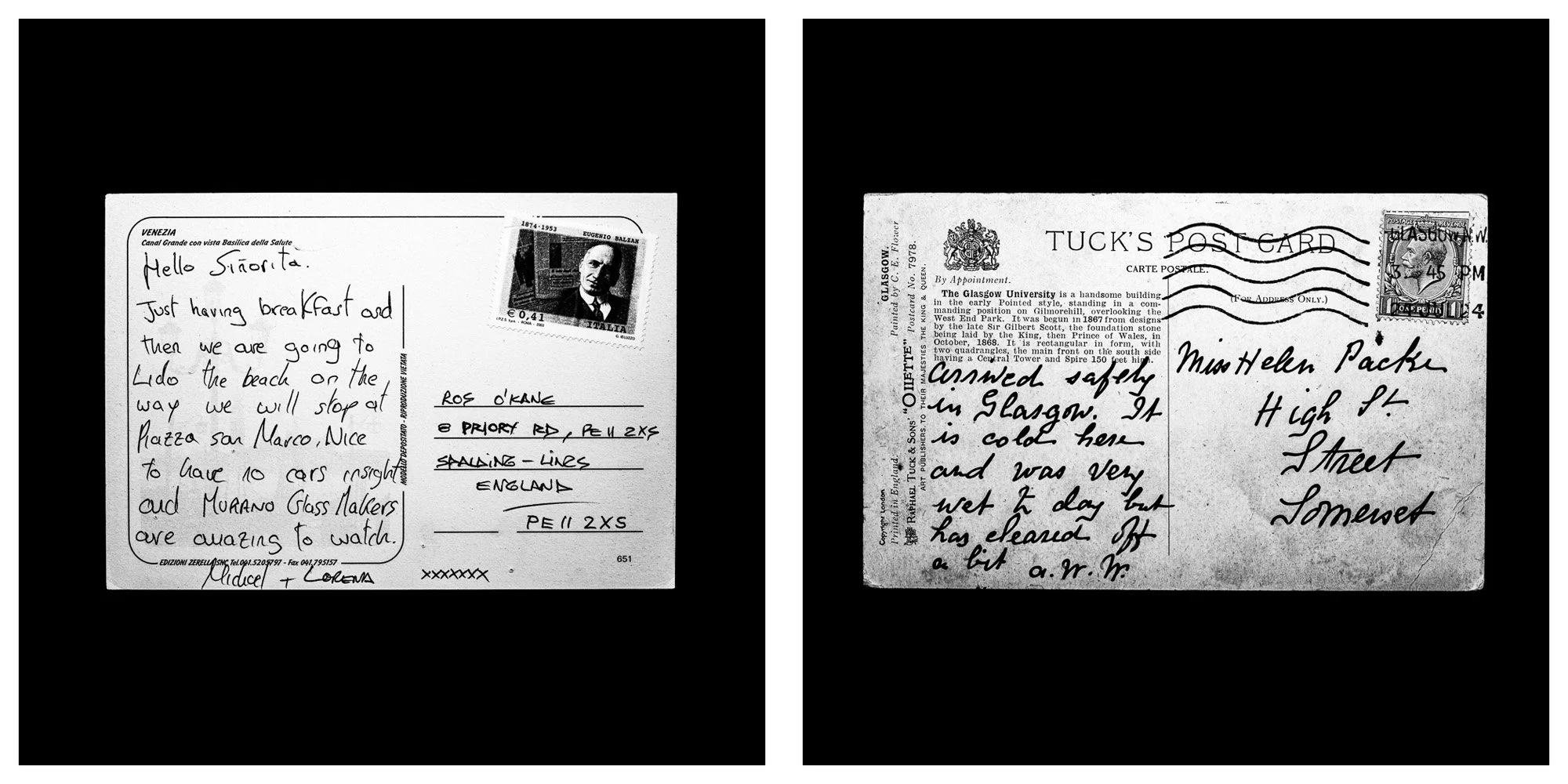 A forensic photographic capture displaying the reverse sides of two historical postcards positioned side-by-side against an absolute black space. Part of a systematic cataloging protocol, the image isolates the artifacts to treat handwriting, postal 