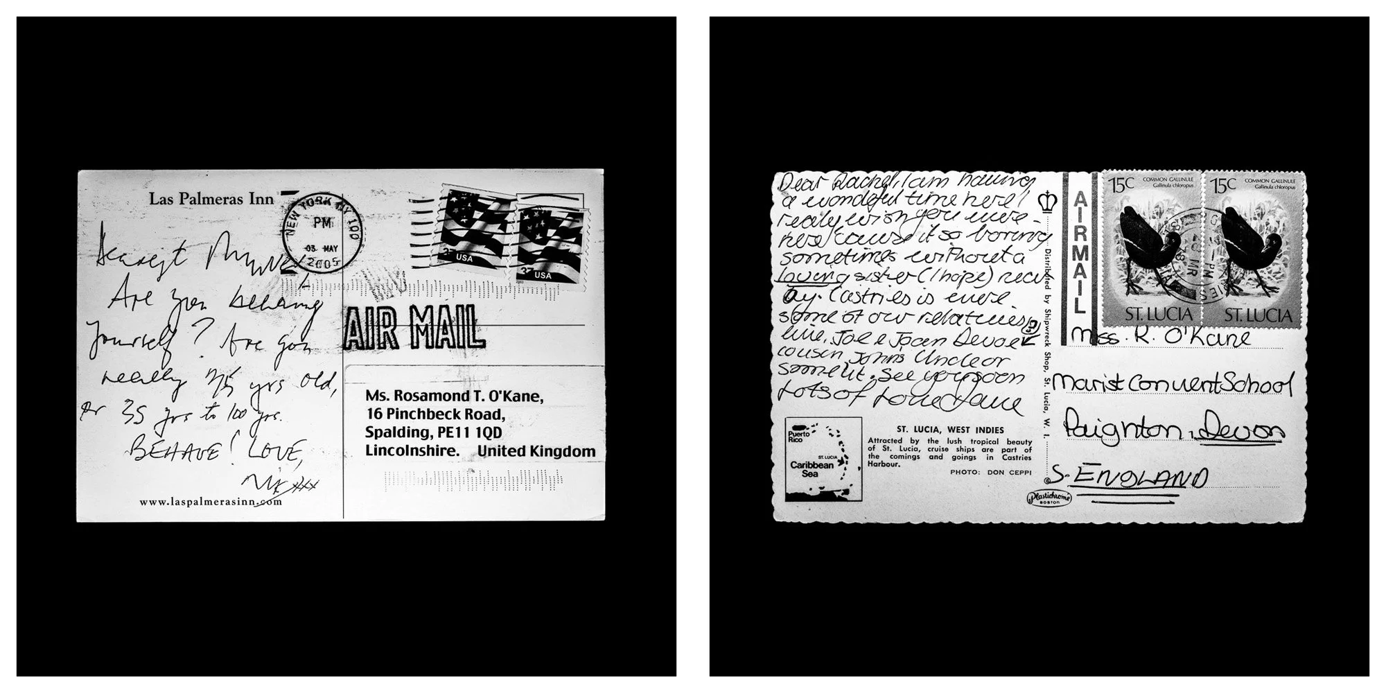 A forensic photographic capture displaying the reverse sides of two historical postcards positioned side-by-side against an absolute black space. Part of a systematic cataloging protocol, the image isolates the artifacts to treat handwriting, postal 