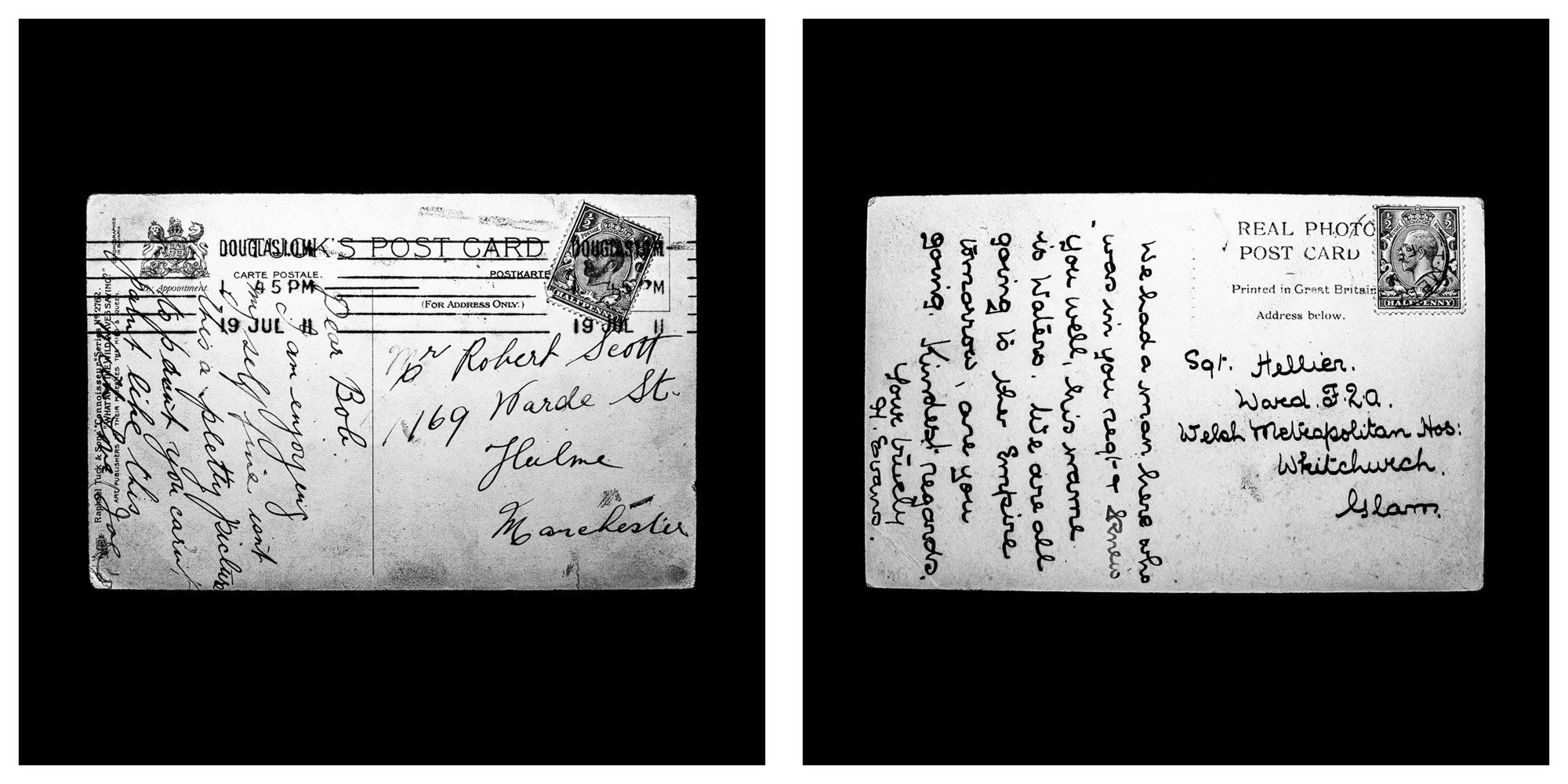 A forensic photographic capture displaying the reverse sides of two historical postcards positioned side-by-side against an absolute black space. Part of a systematic cataloging protocol, the image isolates the artifacts to treat handwriting, postal 