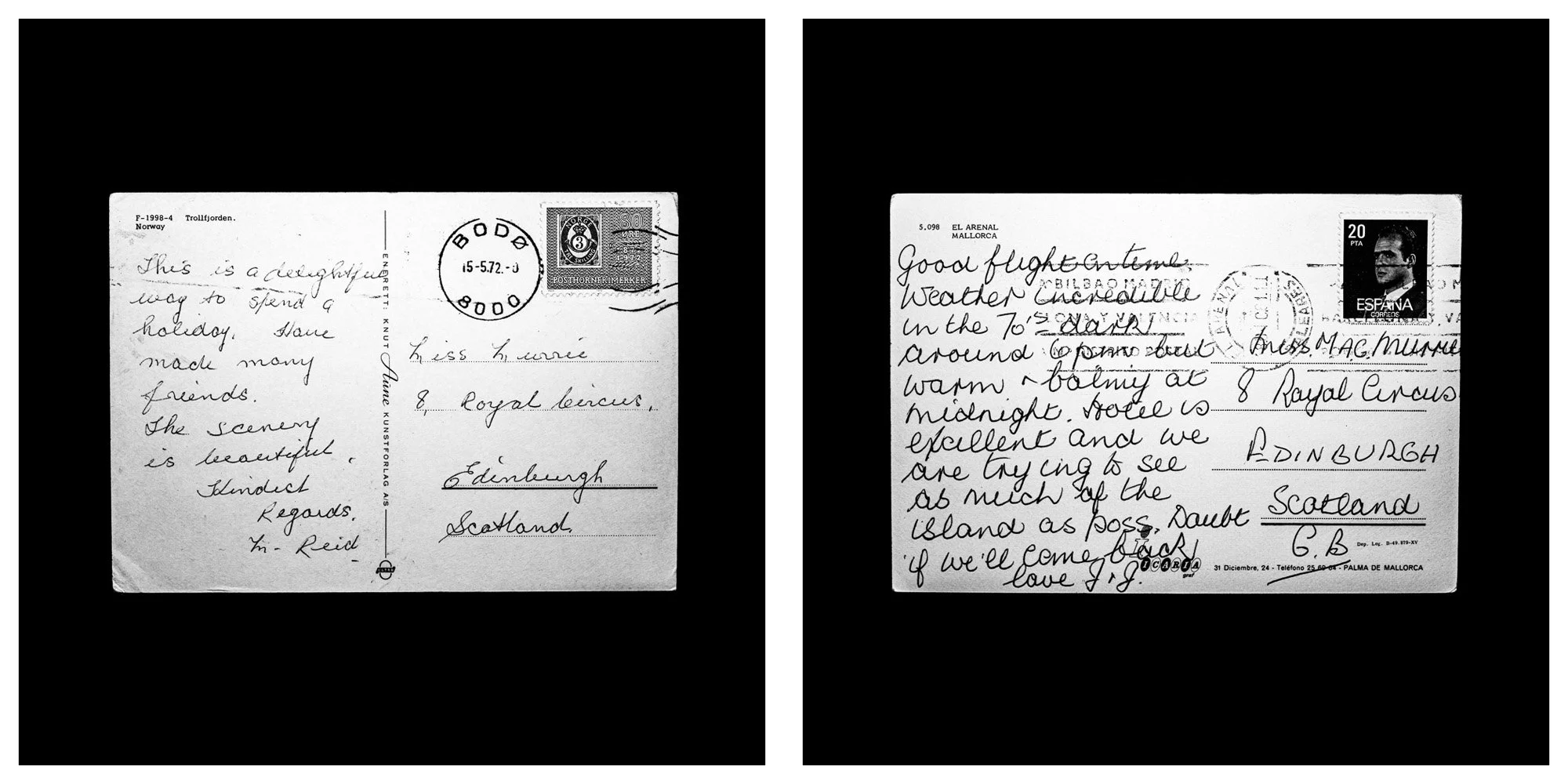 A forensic photographic capture displaying the reverse sides of two historical postcards positioned side-by-side against an absolute black space. Part of a systematic cataloging protocol, the image isolates the artifacts to treat handwriting, postal 