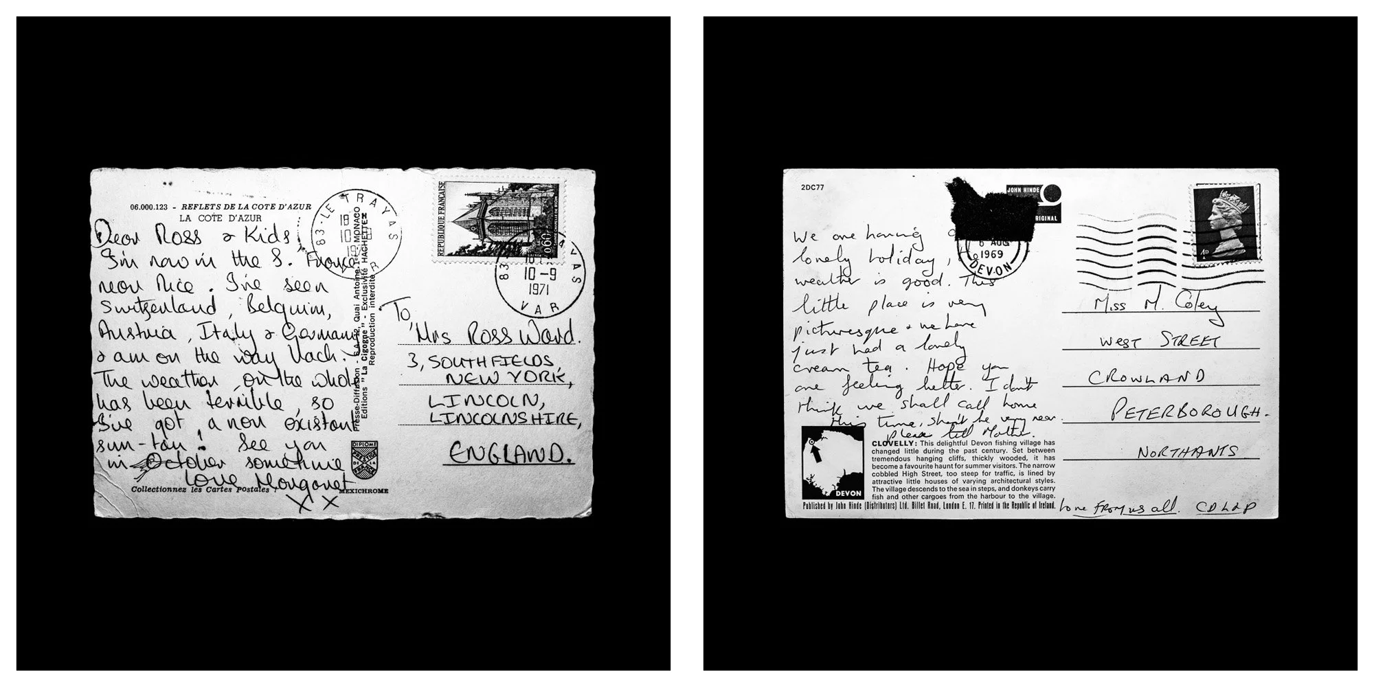 A forensic photographic capture displaying the reverse sides of two historical postcards positioned side-by-side against an absolute black space. Part of a systematic cataloging protocol, the image isolates the artifacts to treat handwriting, postal 