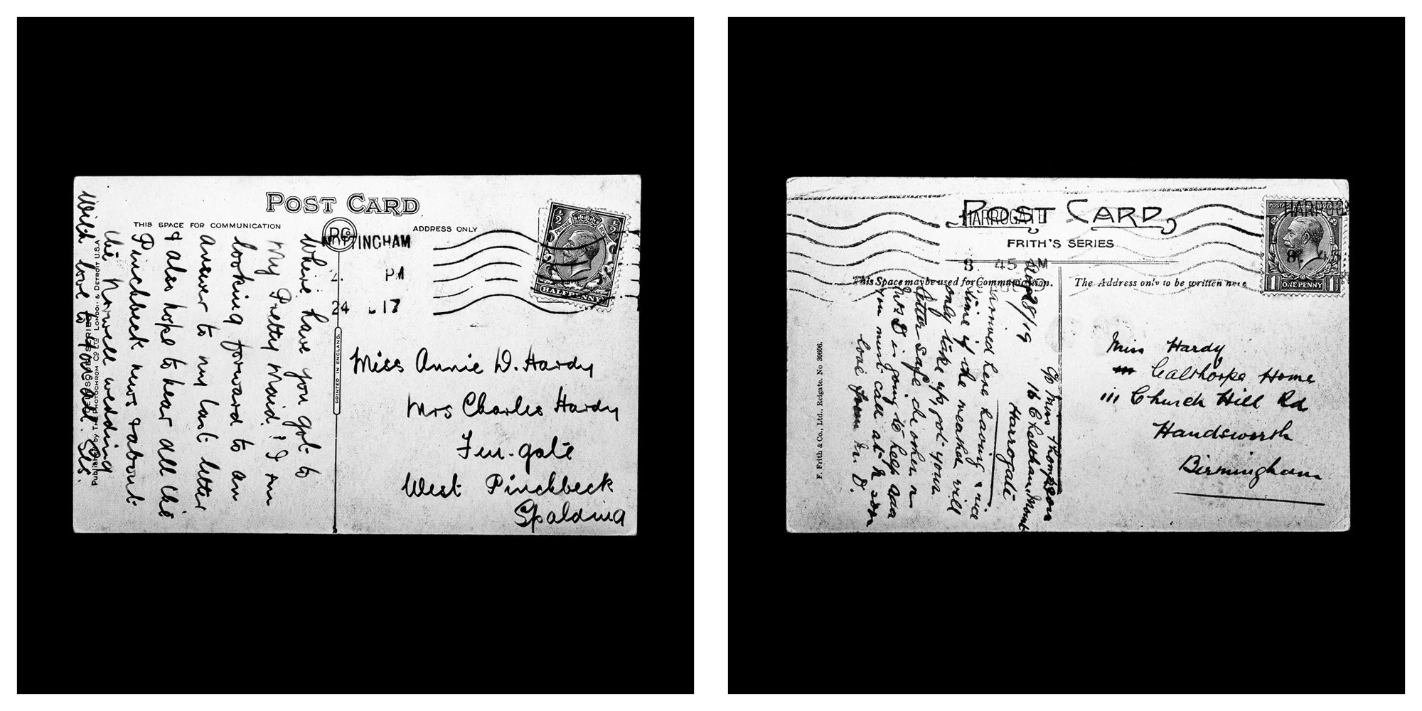 A forensic photographic capture displaying the reverse sides of two historical postcards positioned side-by-side against an absolute black space. Part of a systematic cataloging protocol, the image isolates the artifacts to treat handwriting, postal 