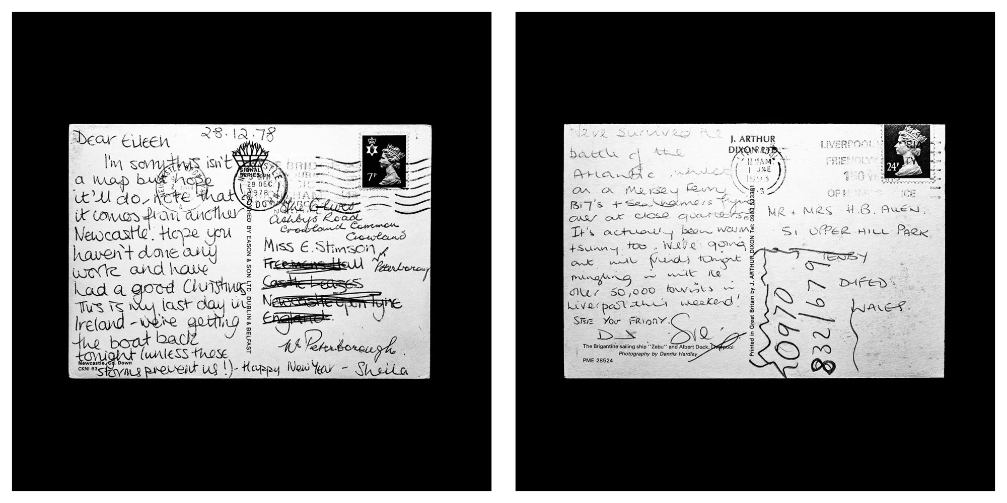 A forensic photographic capture displaying the reverse sides of two historical postcards positioned side-by-side against an absolute black space. Part of a systematic cataloging protocol, the image isolates the artifacts to treat handwriting, postal 
